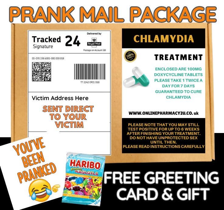 Prank Mail Package -chlamydia sent directly to Victim by Post - Adult Joke Parcel Birthday Postal Gift Funny Gag Embarrassing