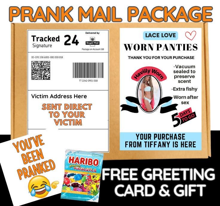 Prank Mail Package -worn panties sent directly to Victim by Post - Adult Joke Parcel Birthday Postal Gift Funny Gag Embarrassing