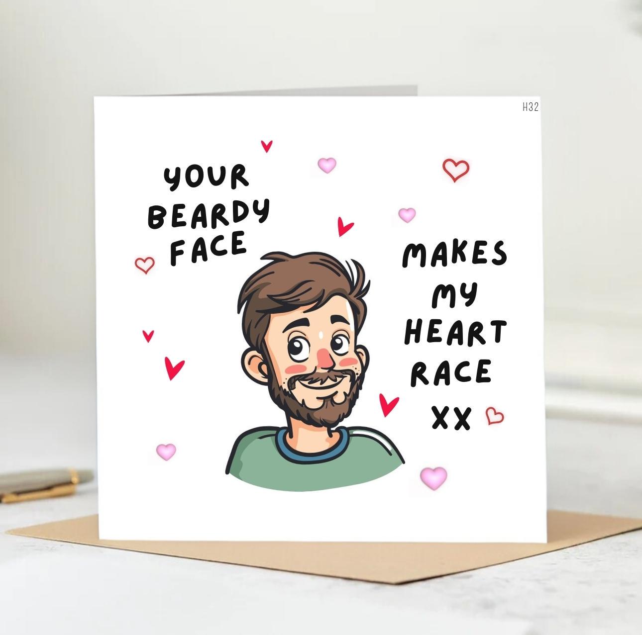 Beard Face Valentine's Card - Cute Anniversary Gift for Bearded Husband, Boyfriend, or Fiancé - Love You Beardy Much! 6x6