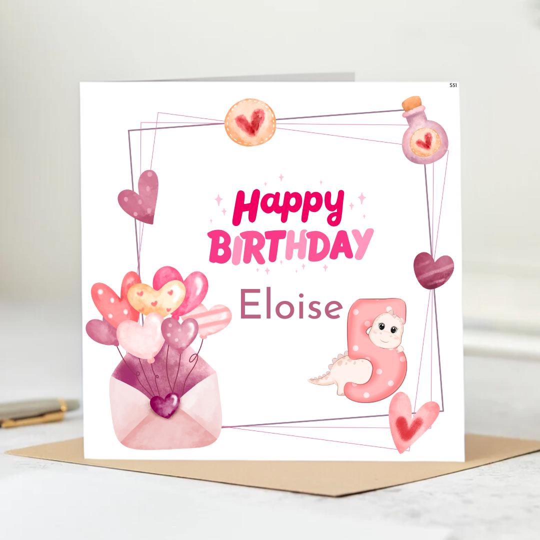 Personalized 5th Birthday Card for Eloise – Cute Dino and Heart Balloon Design, Custom Fifth Birthday Card – Cute Dino, Heart Balloons. 6x6