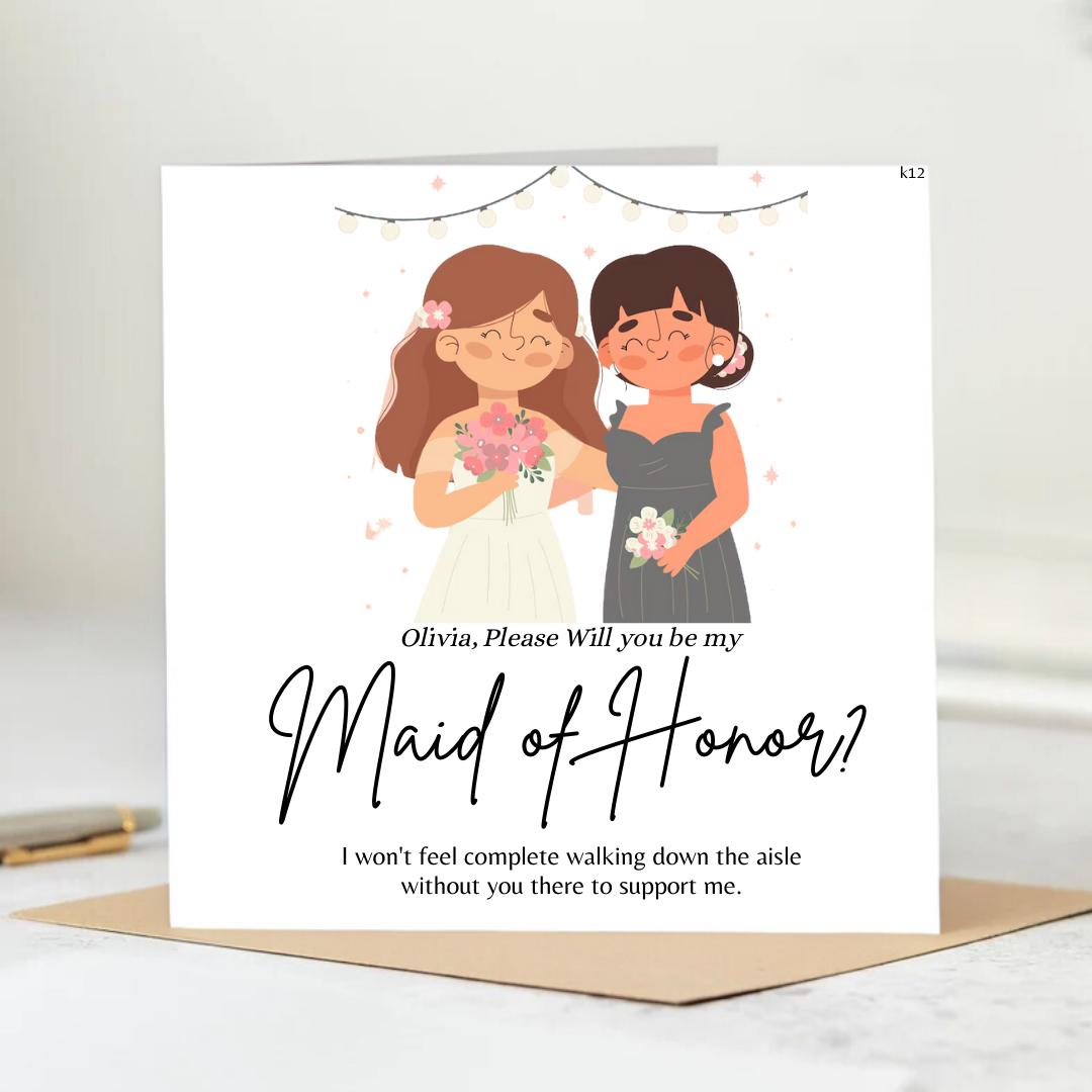 Personalized maid of honor wedding day card - card for maid of honor- to my maid of honor on my wedding day card- 6x6 white hammered card.