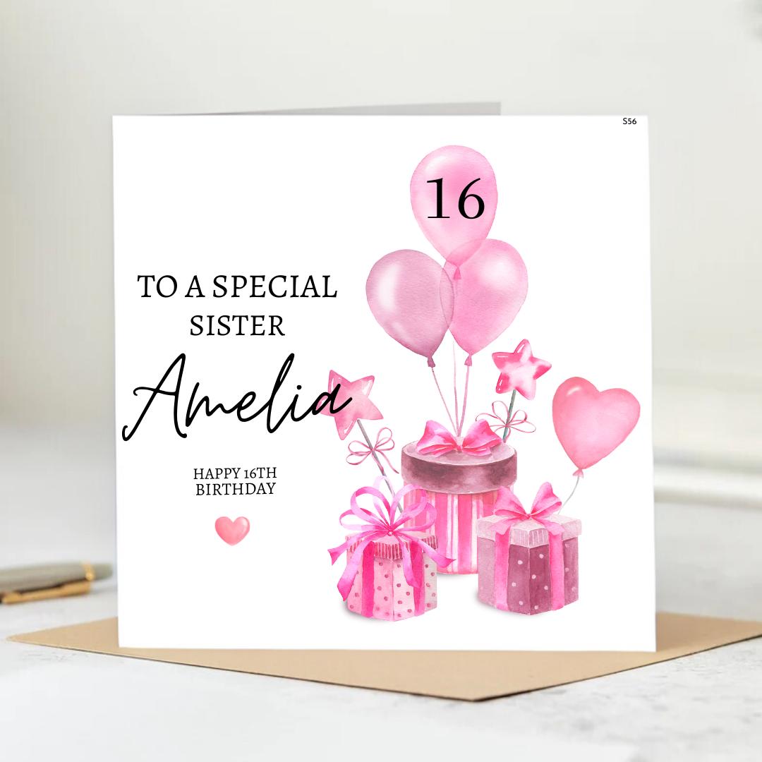 Personalized Sweet 16 Birthday card for Sister-Pink balloons and Gifts - Amelia ,Special Sister 16th Birthday Card 6x6