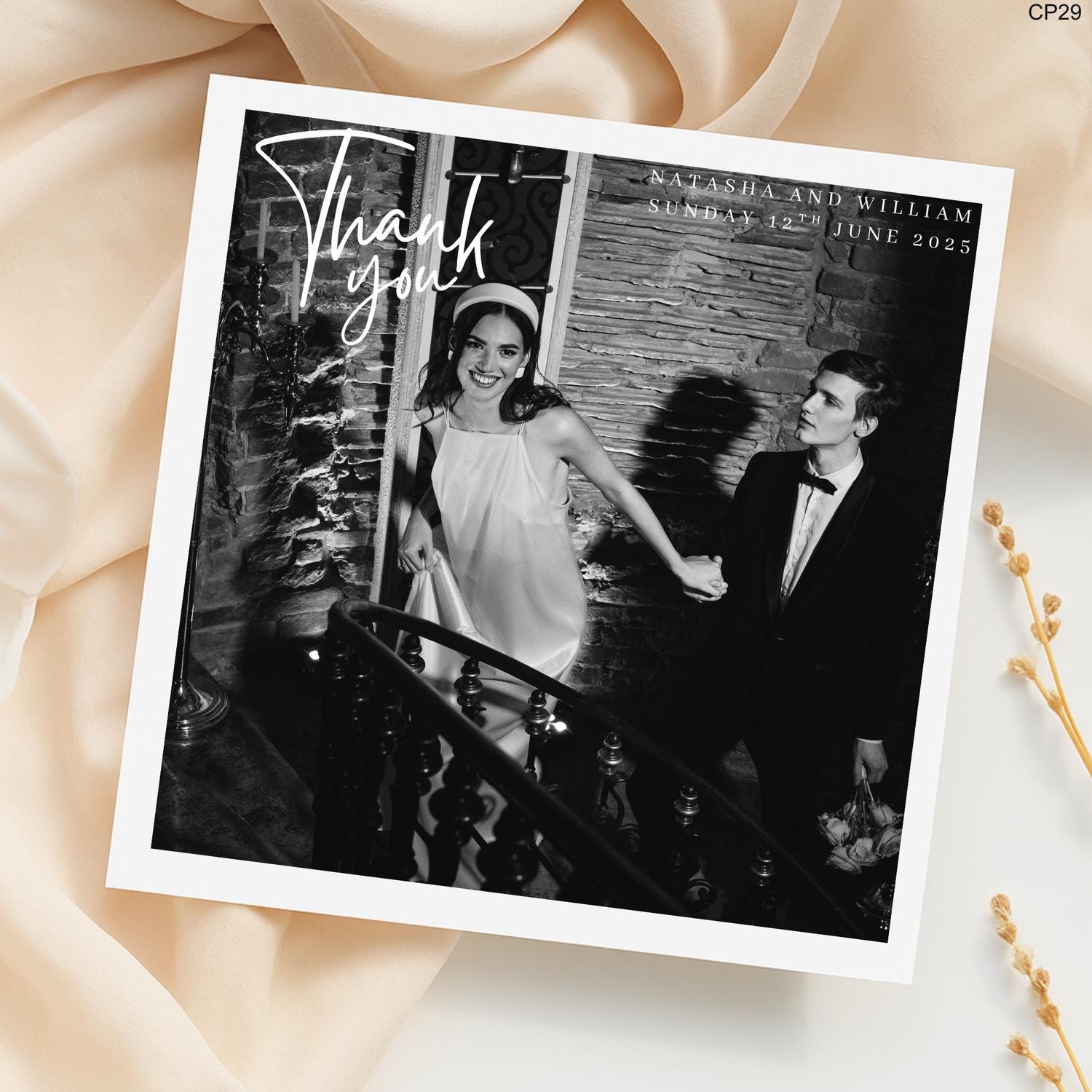 Custom Photo Thank You Card: Elegant Black and White Wedding Design
