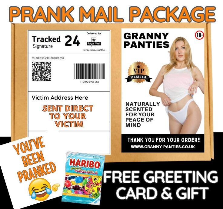 Prank Mail Package-Funny Granny Panties Delivered Directly to Your Victim-Hilarious Gag Gift with Free Greeting Card & Candy