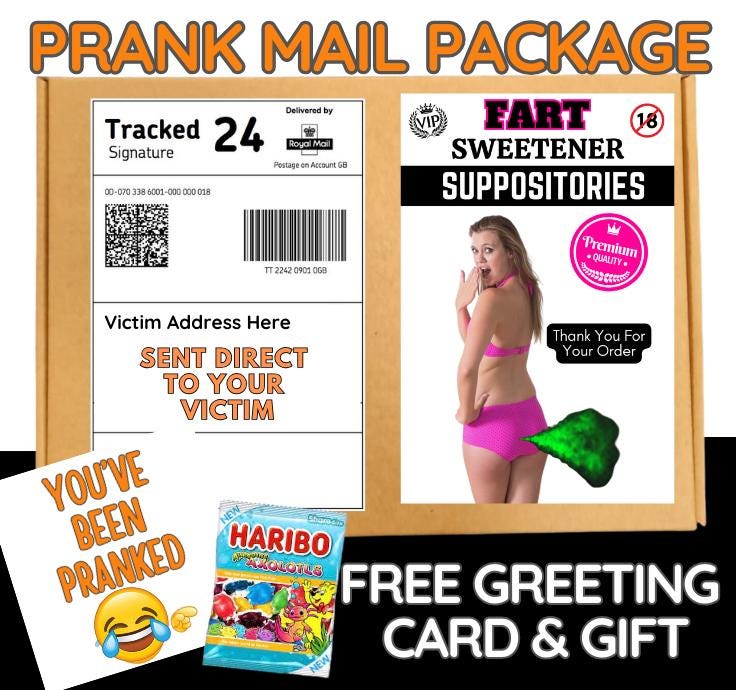 Funny Prank Mail Package-Fart Sweetener Suppositories Gag Gift-Hilarious Surprise Parcel with Free Greeting Card-Perfect Practical Joke
