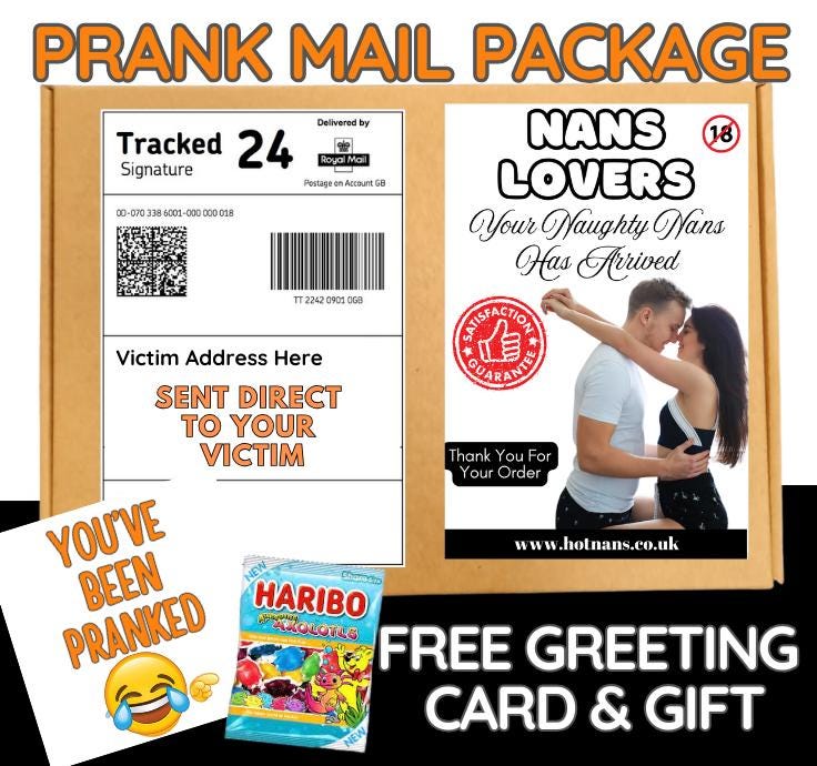 Nans Lovers Prank Mail Package - Naughty Nan Joke Gift Sent to Victim - Funny Adult Gag Box with Free Card & Candy - You've Been Pranked