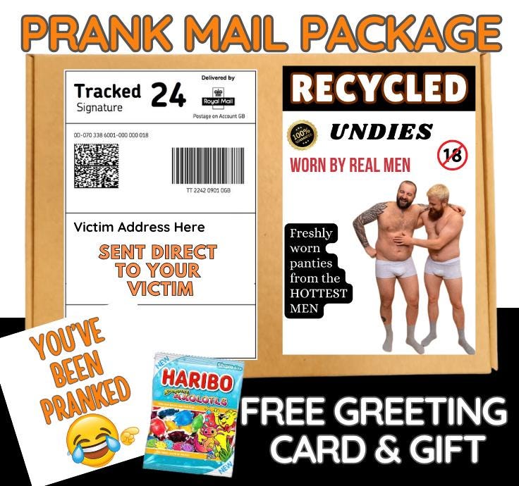 Worn Underwear Prank Package-Gag Mail from 'Real Men-Anonymous Joke Gift with Candy &Card-NSFW Prank Mail-Real Men’s Worn Underwear Gag Gift