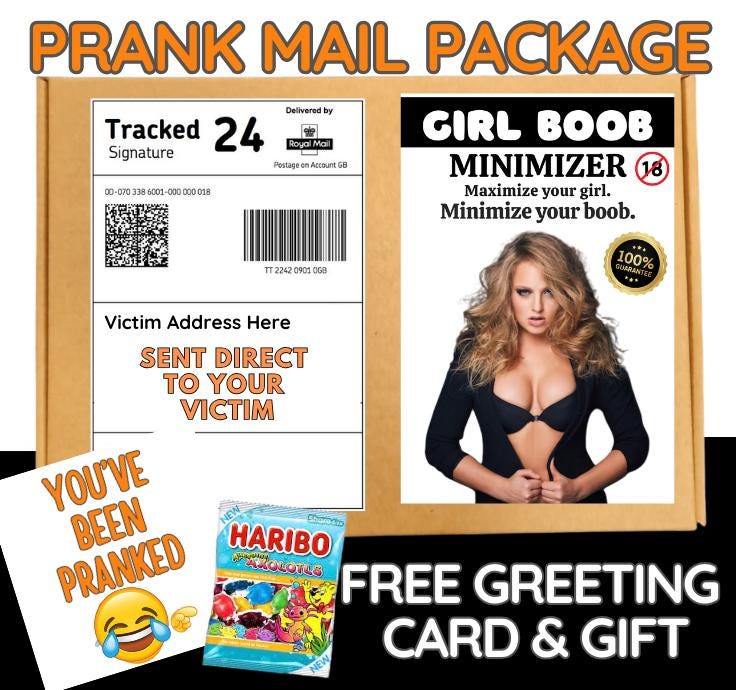 Funny Prank Mail Package - Boob Minimizer Gag Box - Sent Direct to Victim - Hilarious Joke Gift with Card & Candy - You've Been Pranked