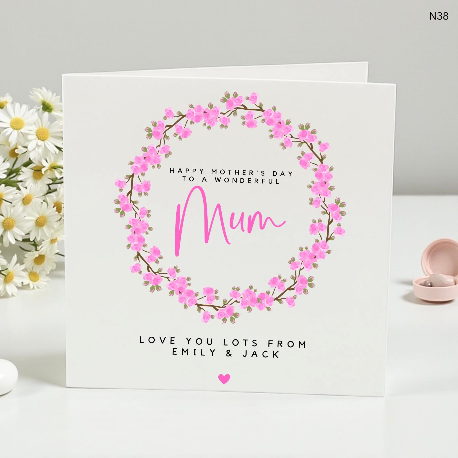 Happy Mother's Day to a Wonderful Mum Floral Wreath Card, Customizable, Perfect for Mum, Handcrafted, Personal Message from Emily & Jack"