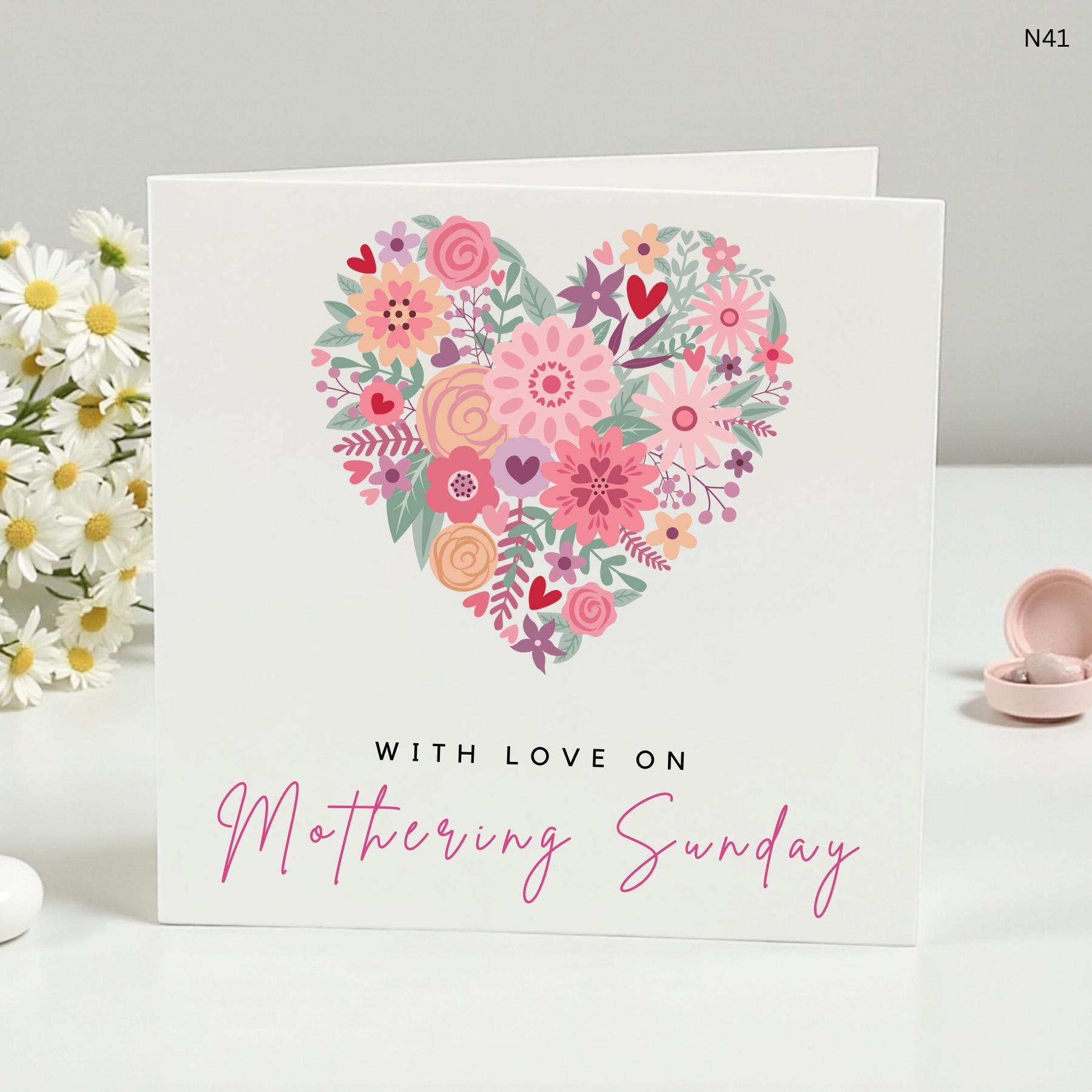 With Love on Mothering Sunday Floral Heart Card, Handcrafted, Perfect for Mum, Customizable, Unique Gift for Her, Colorful Spring Design"