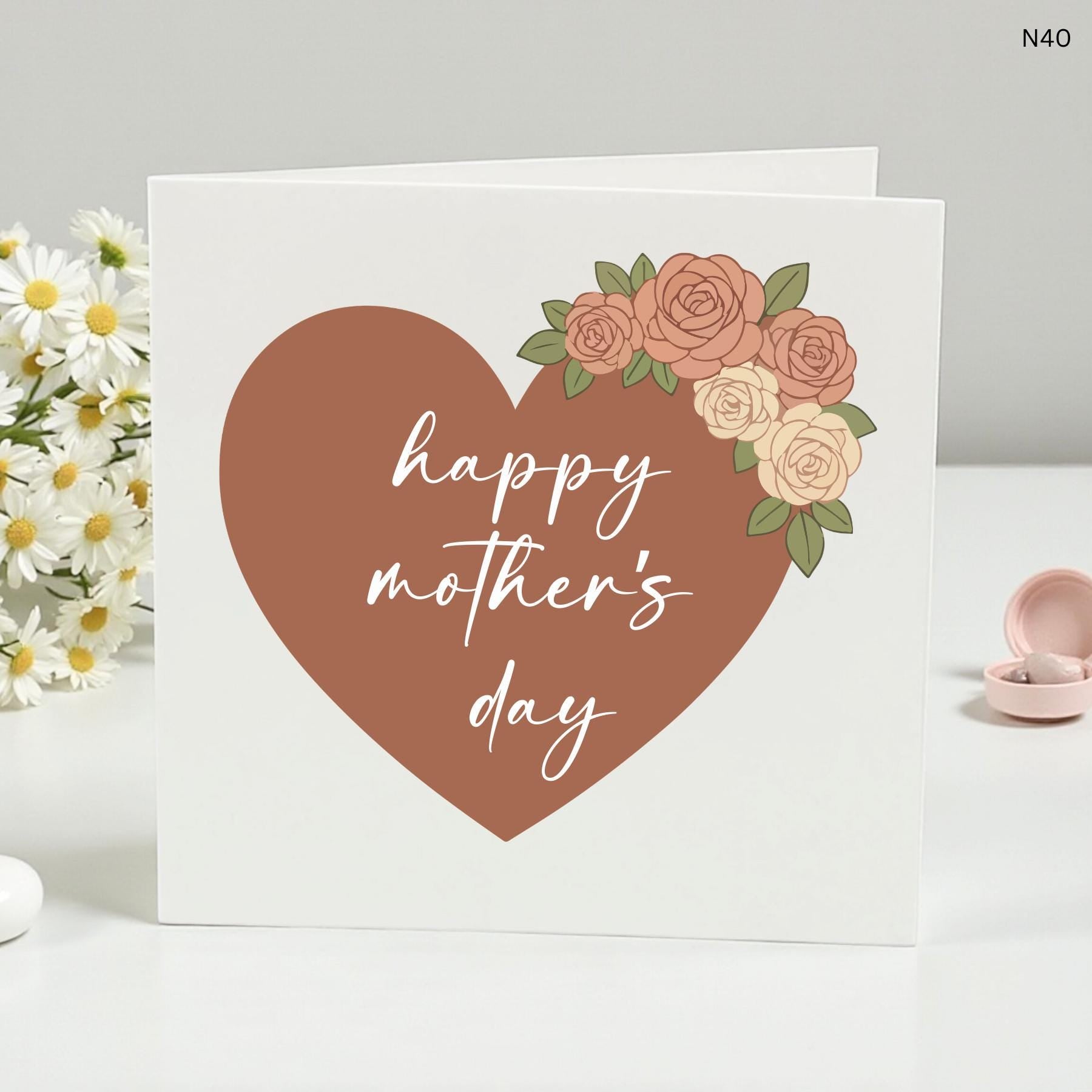 Happy Mother's Day Heart Floral Greeting Card, Customizable, Elegant Design, Perfect for Mum, Handcrafted with Love, Floral Heart Bouquet"
