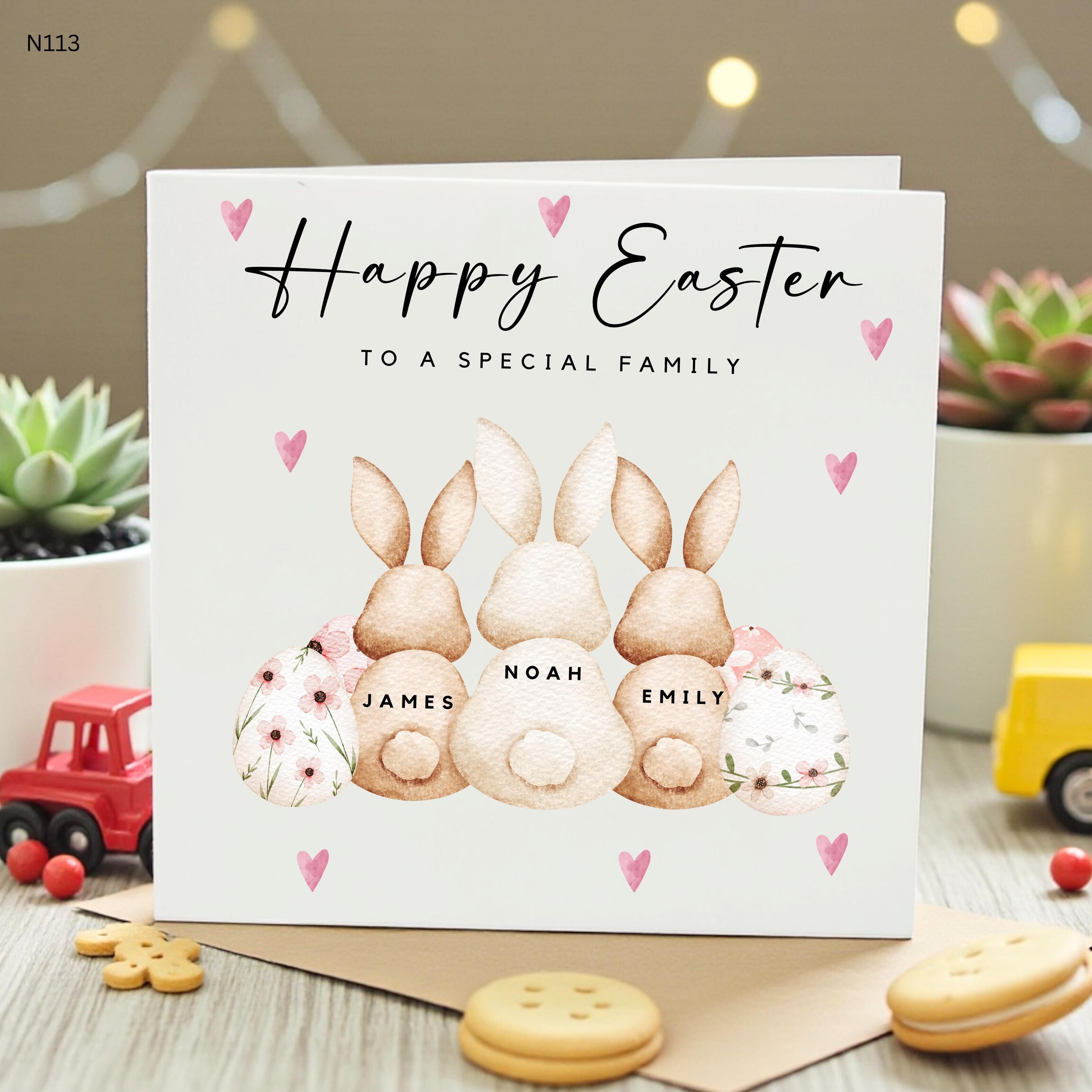 Happy Easter Card for Special Family, Cute Bunnies with Personalised Names, Perfect for Easter Celebration, Custom Family Greeting Card