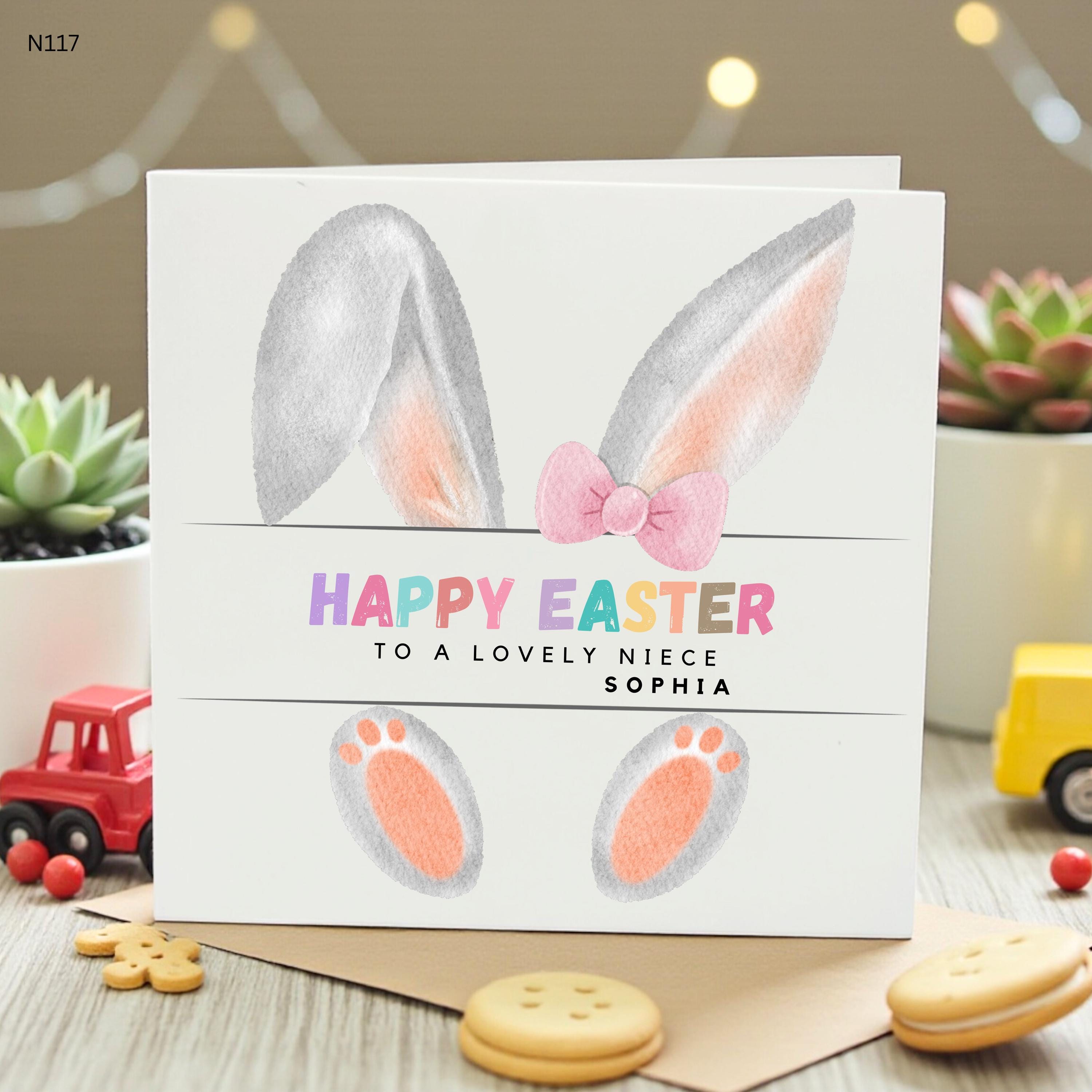 Happy Easter Card for Lovely Niece, Cute Bunny Ears and Bow Design, Personalised with Name, Perfect for Easter Celebration, Custom Card 6x6