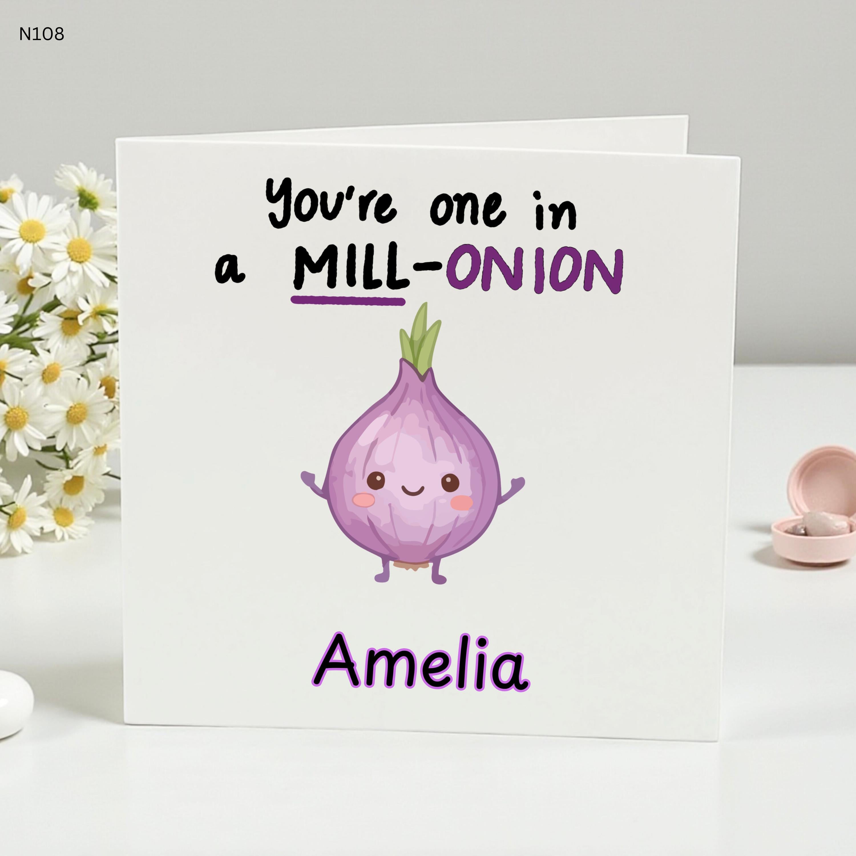 You're One in a MILL-ONION Birthday Card, Cute Onion Character Design, Fun and Quirky Birthday Greeting, Personalised with Name