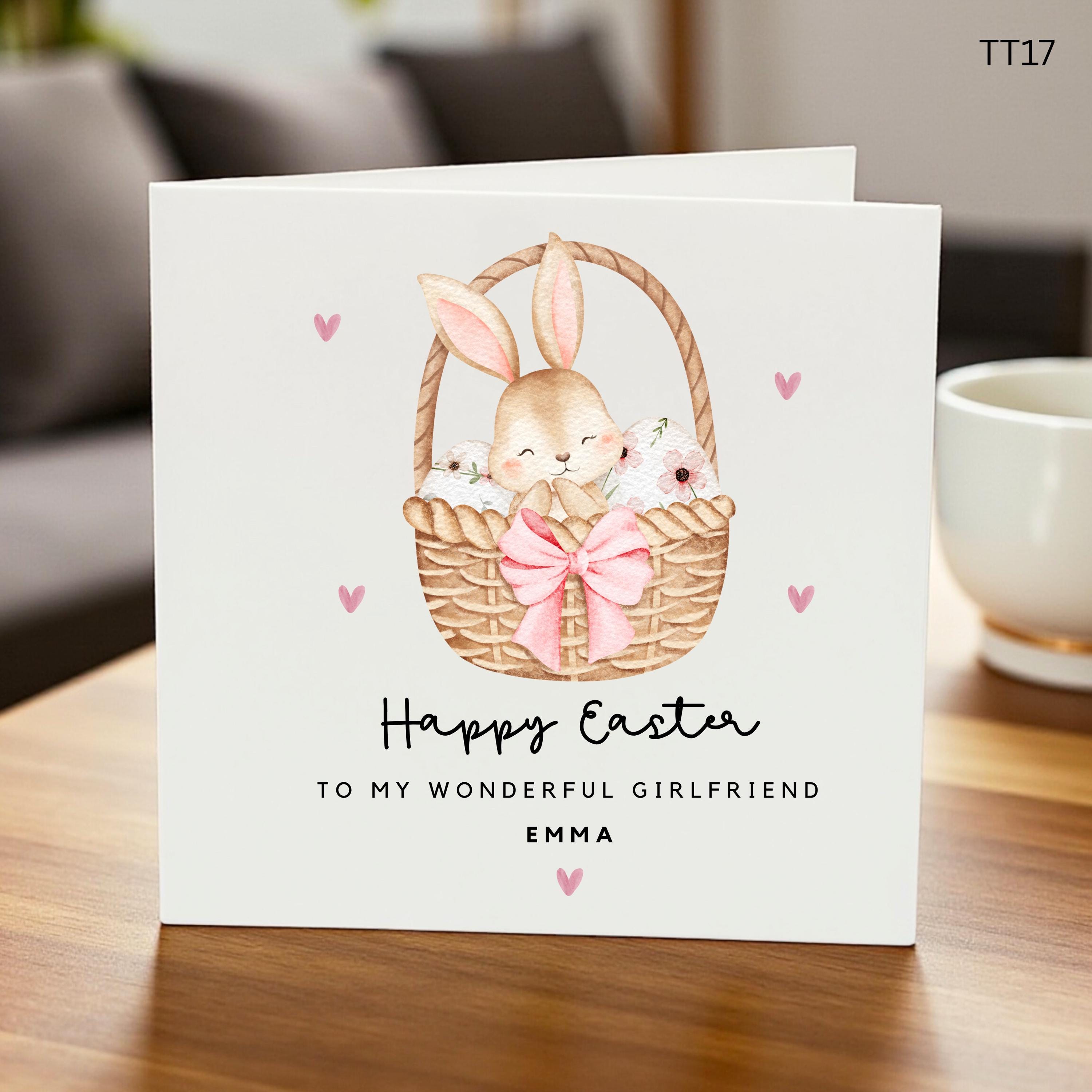 Personalized Happy Easter Card for Girlfriend, Custom Name To My Wonderful Girlfriend, Cute Bunny Basket, Handmade Spring Holiday
