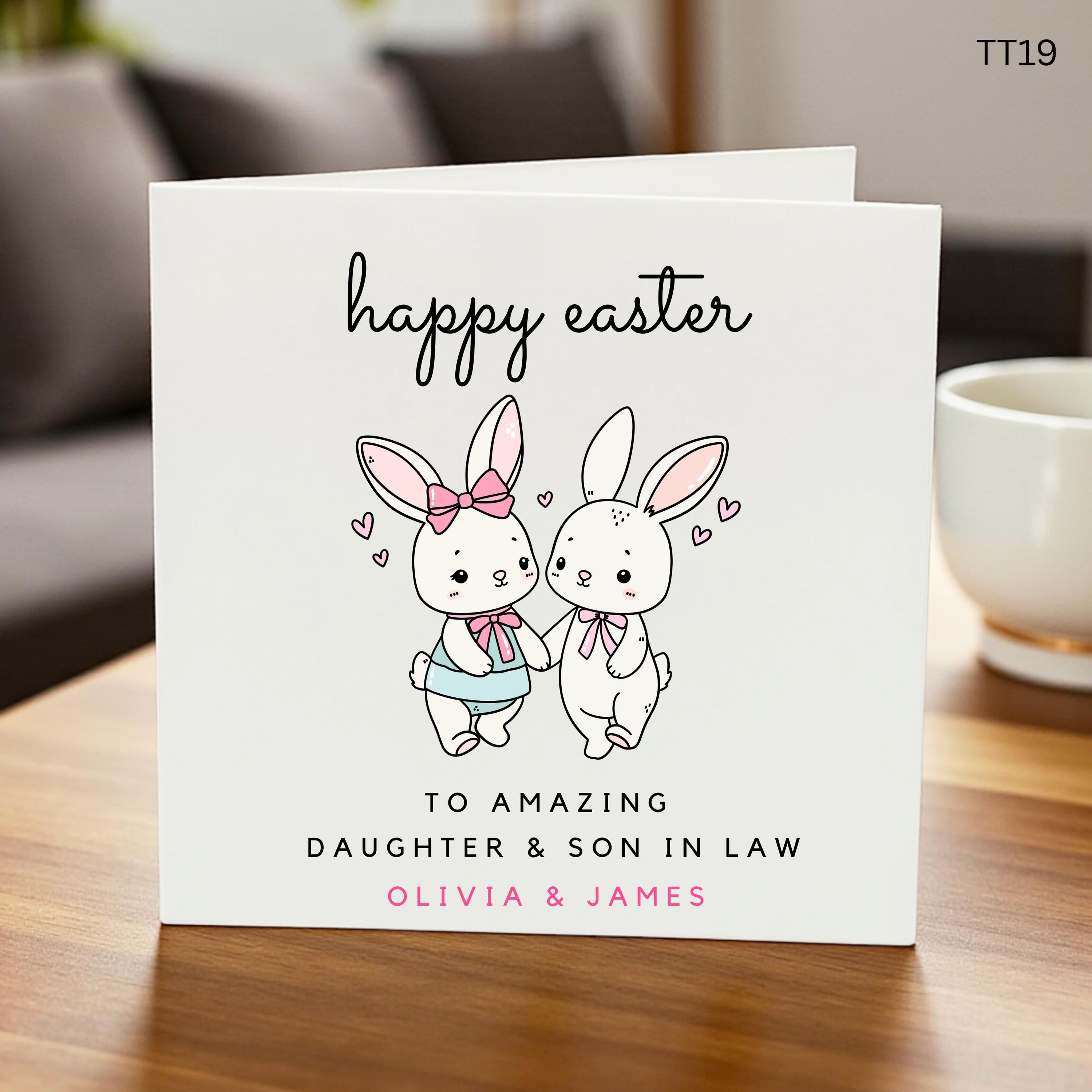 Personalized Happy Easter Card for Daughter and Son in Law, Custom Names Bunny Couple Greeting, Cute Easter Gift for Family, Handmade Card