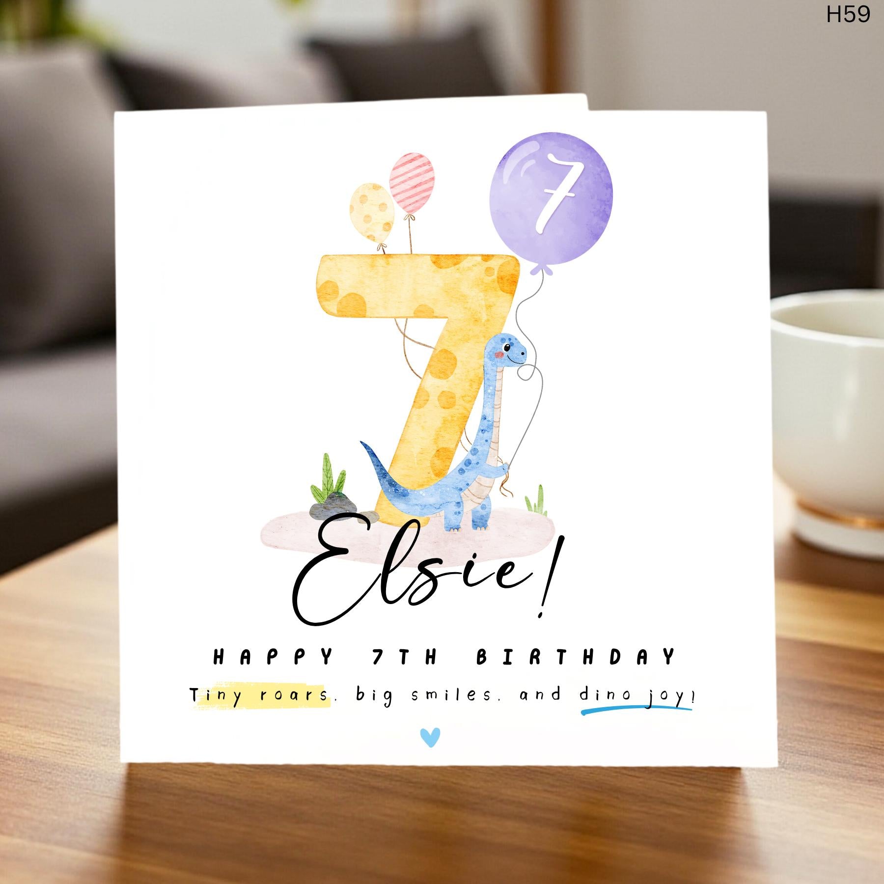Personalized 7th Birthday Card Dinosaur Theme, Custom Name Age 7 Card for Girls or Boys, Watercolor Dino Birthday Gift for Daughter or Son