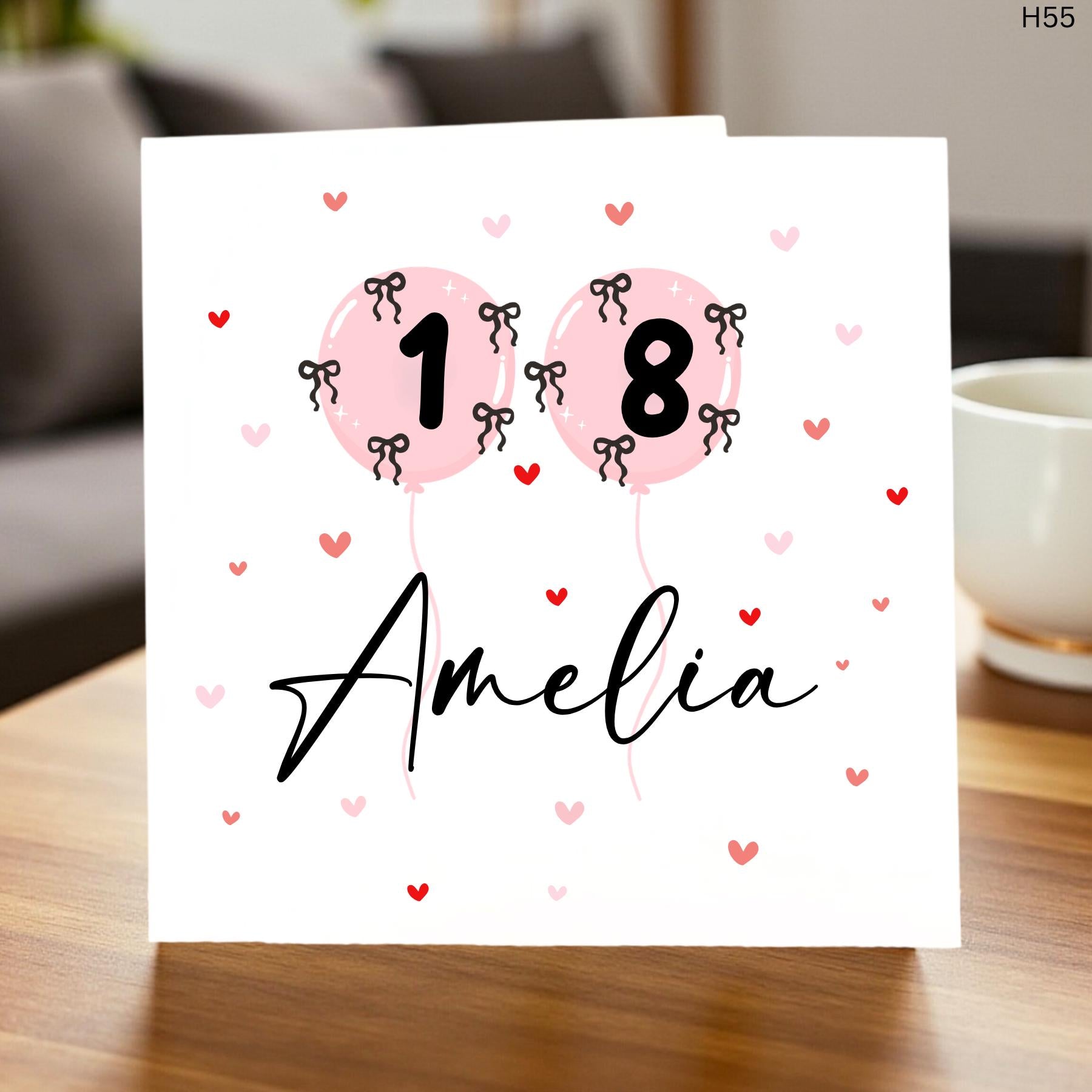 Personalized 18th Birthday Card for Her, Coquette Pink Bow Balloon Card, Custom Name 18 Birthday Gift, Daughter Granddaughter 18th Birthday