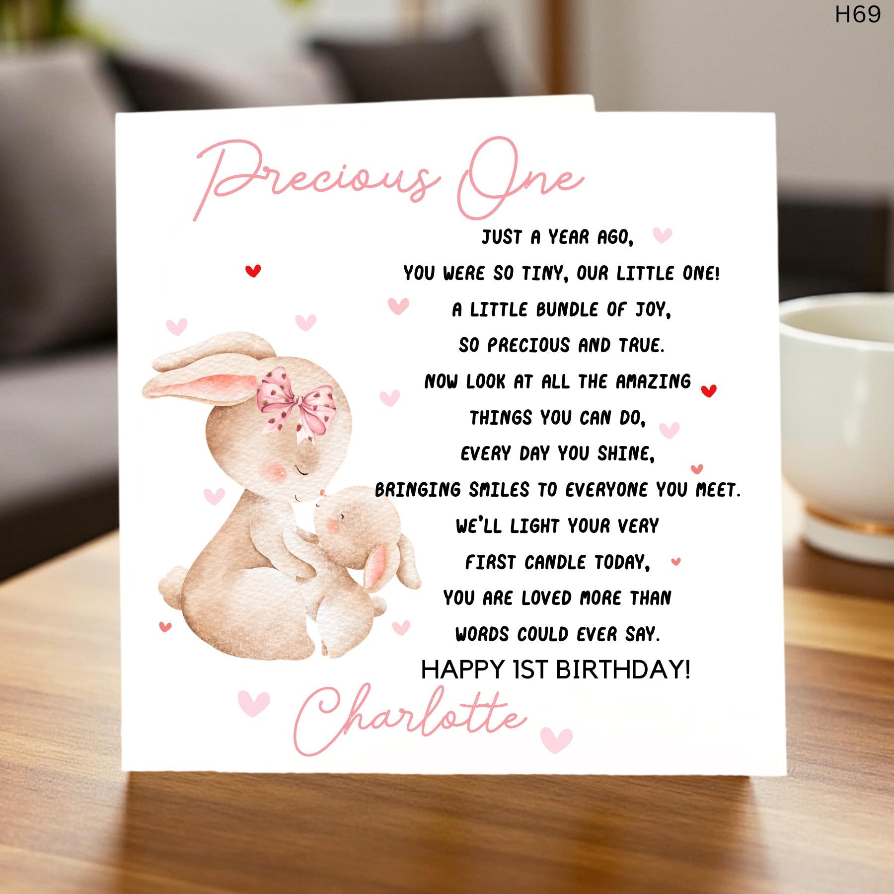 Personalized 1st Birthday Card for Daughter, Precious One Bunny Poem Card, Custom Name Age 1 Birthday Keepsake, Cute Pink Rabbit Girl Card