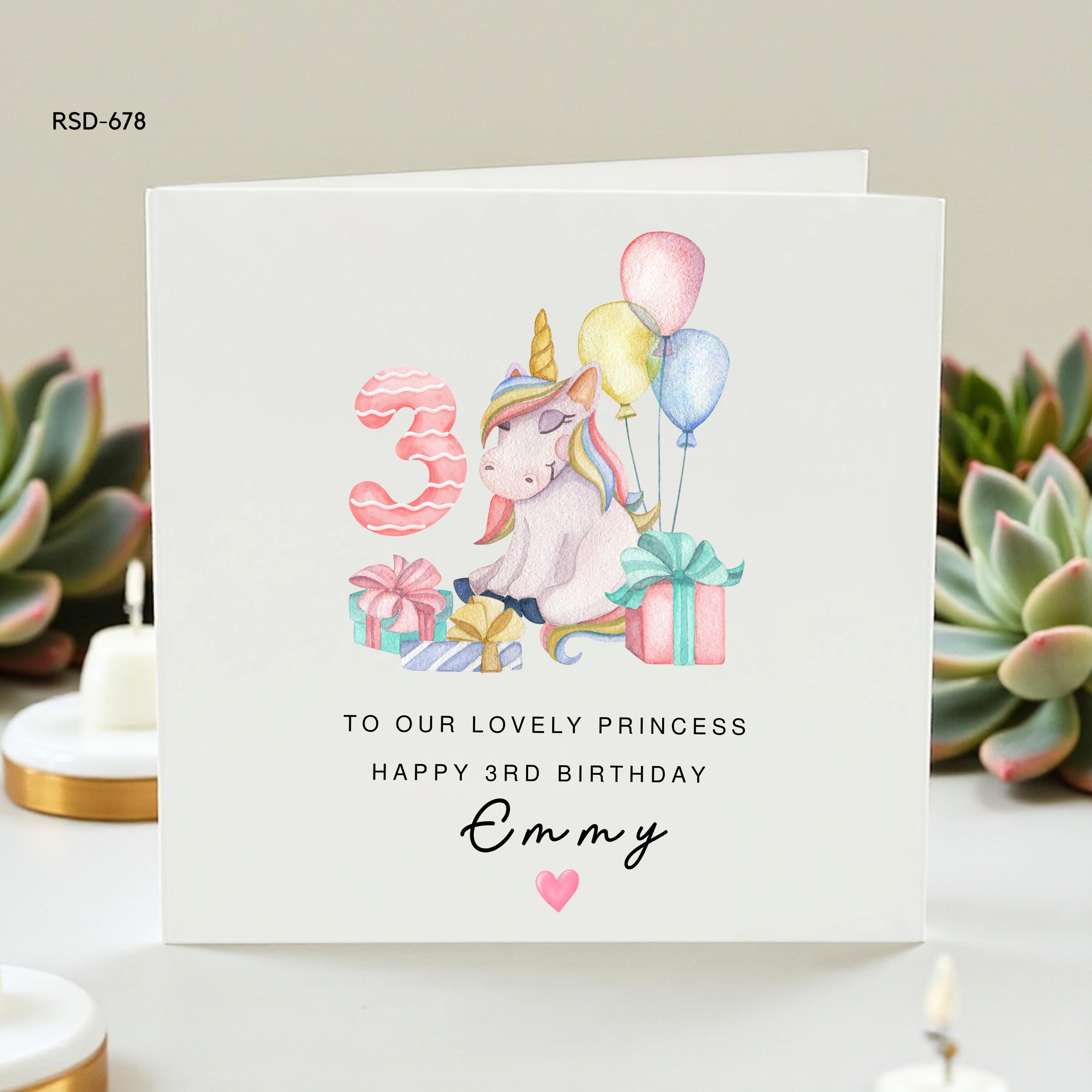 Personalized Unicorn Birthday Card for Girls, Custom Name 3rd Birthday Card, Little Princess Birthday Gift, Cute Balloon and Gift Design