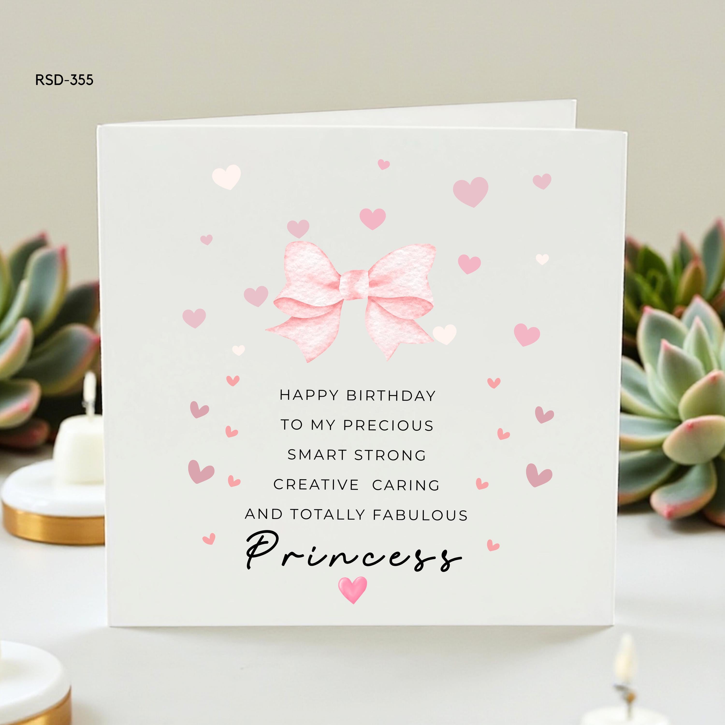 Personalized Birthday Card for Daughter, Princess Greeting Card, Cute Pink Bow and Hearts Design, Custom Name Card, Keepsake Birthday