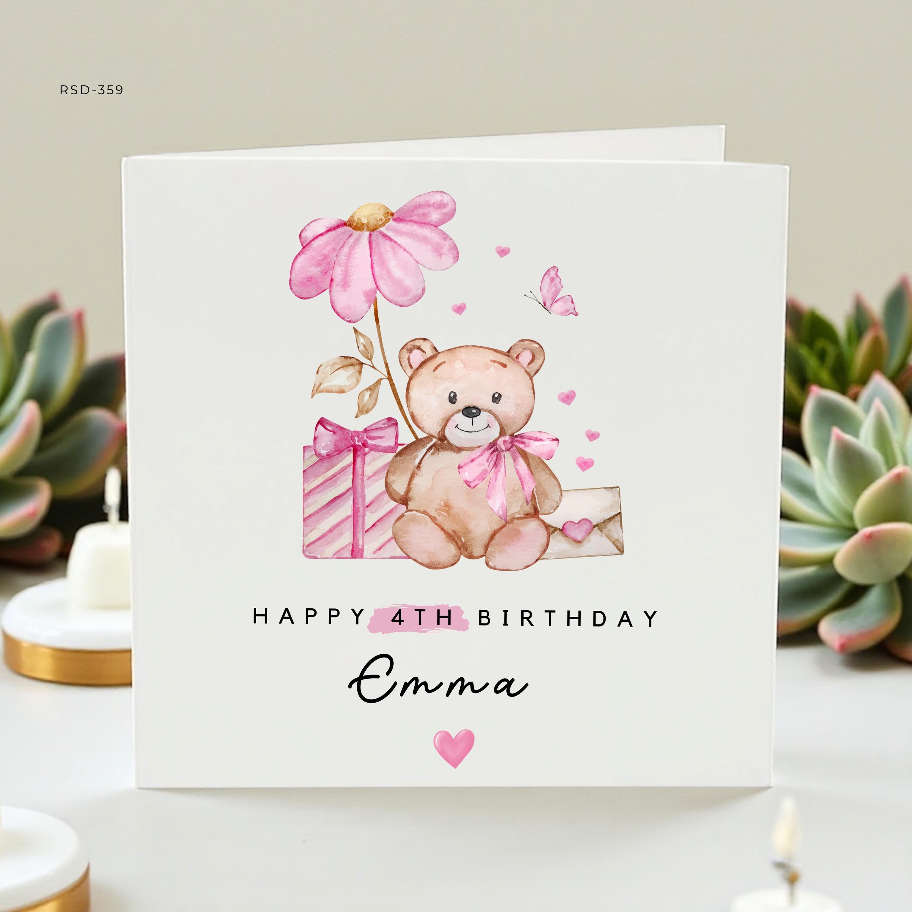 Personalized 4th Birthday Card for Girls, Custom Name Greeting Card, Cute Pink Bear and Flower Design, Keepsake Birthday Card