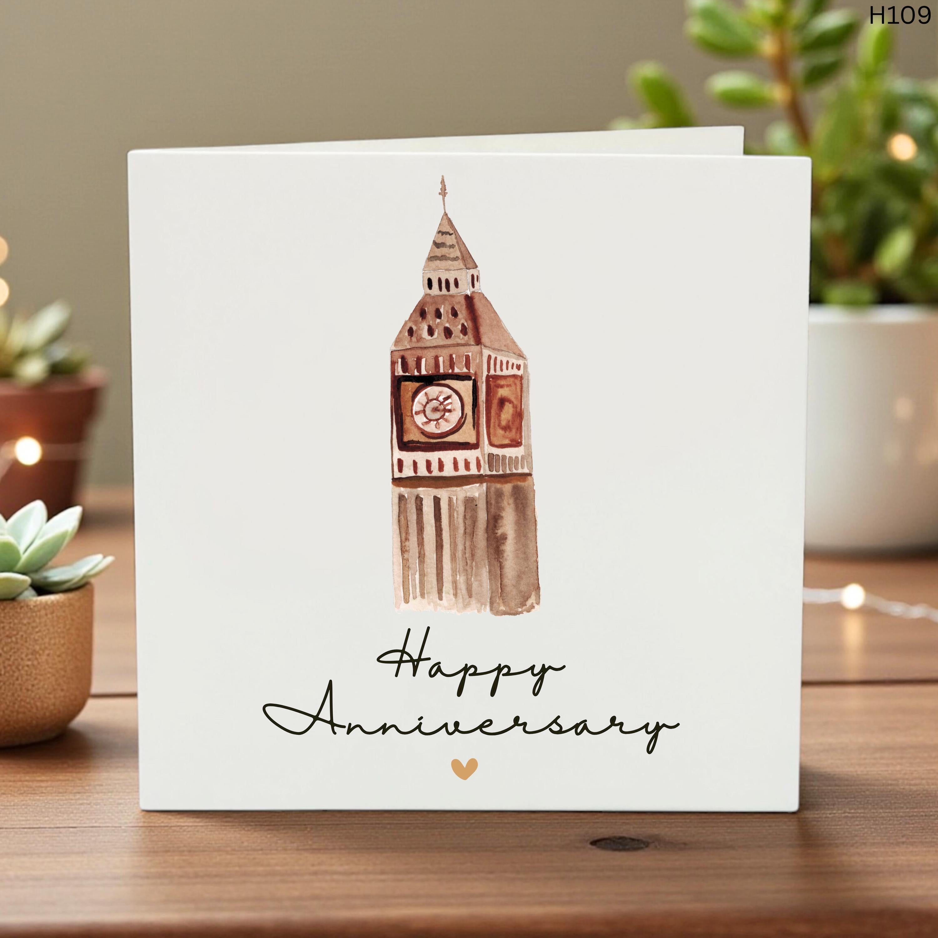 London Anniversary Card with Big Ben Illustration, Happy Anniversary UK Landmark Card, Romantic London Travel Card, Elegant 6x6