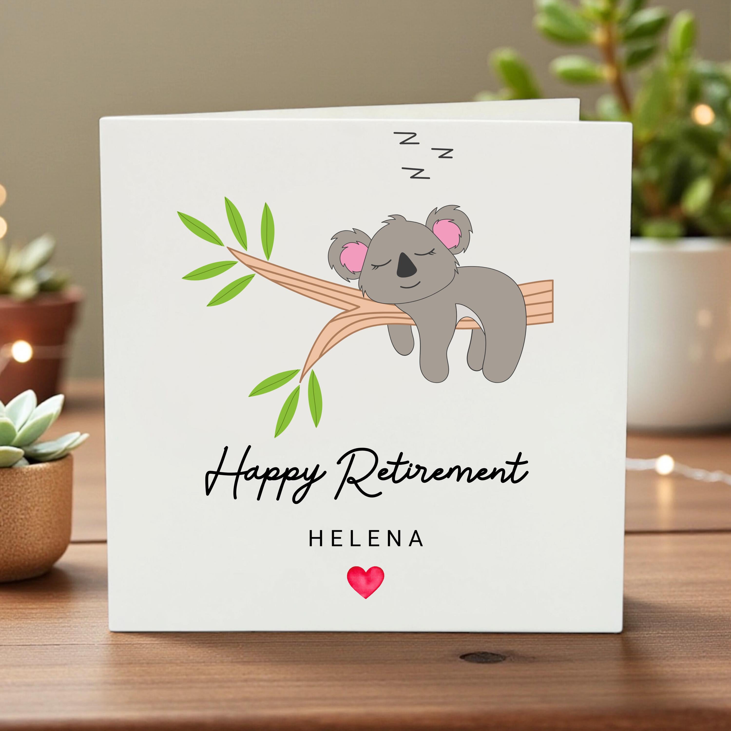 Personalised Happy Retirement Card Cute Koala Sleeping on Tree Branch Custom Name Card Farewell Gift Relaxation Retirement Wishes