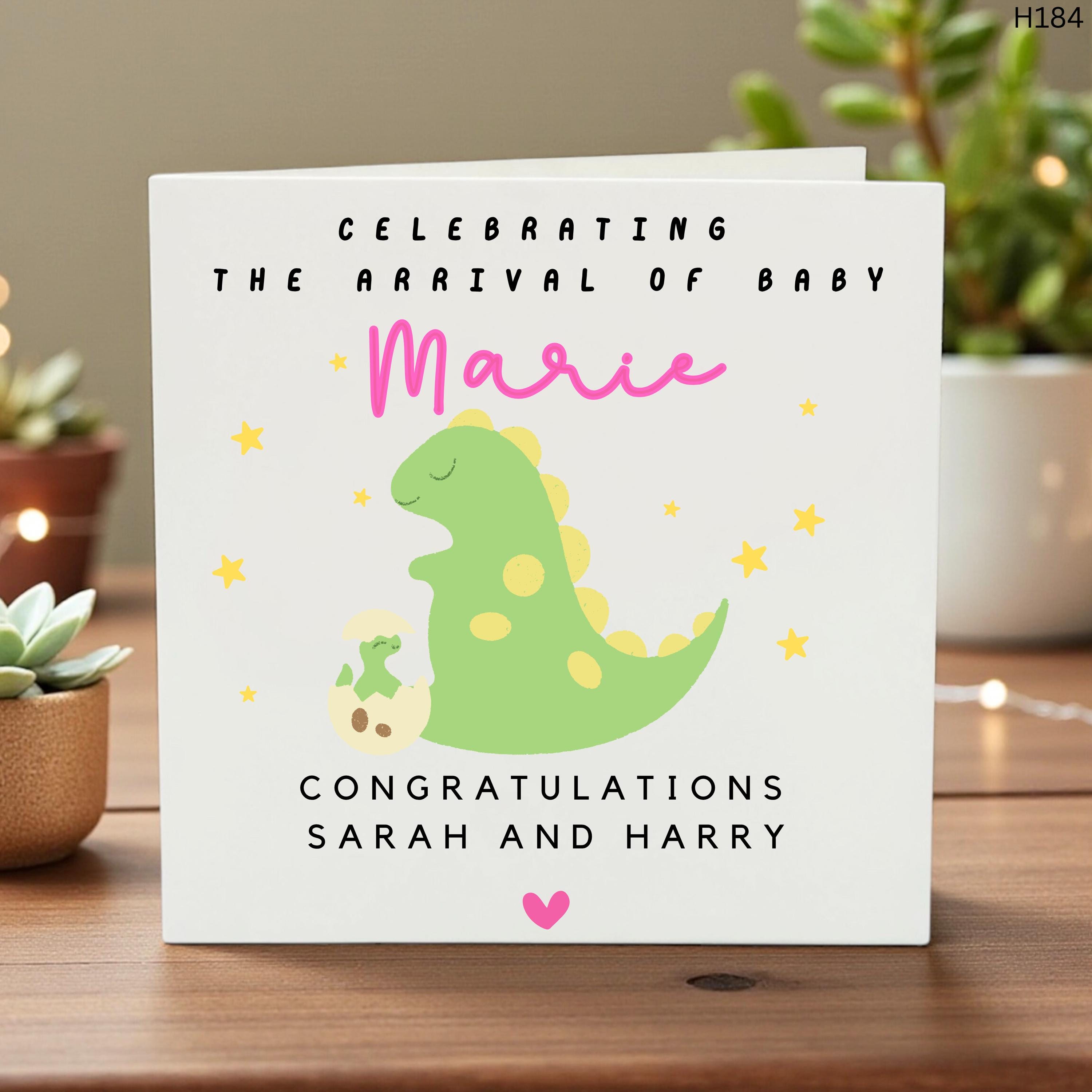 Personalised New Baby Card, Cute Dinosaur Design, Custom Name, Congratulations Sarah and Harry, Baby Arrival Keepsake Greeting