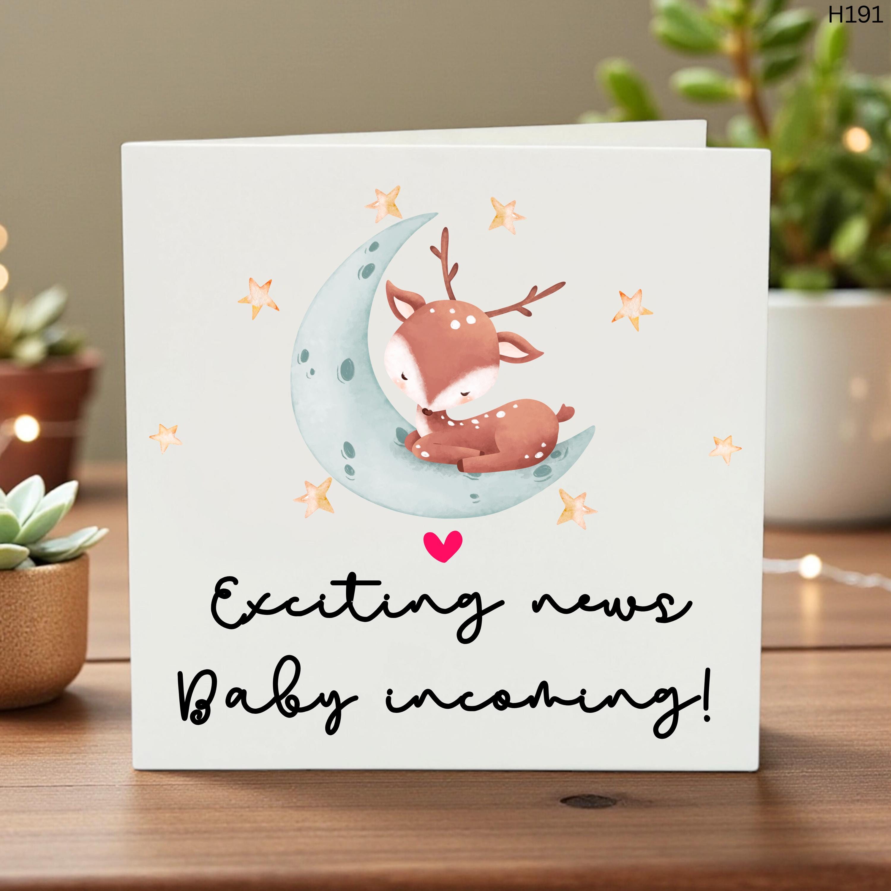 Personalised Baby Incoming Card, Exciting News New Baby Design, Custom Name Option, Pregnancy Announcement Keepsake, Cute Deer Illustration