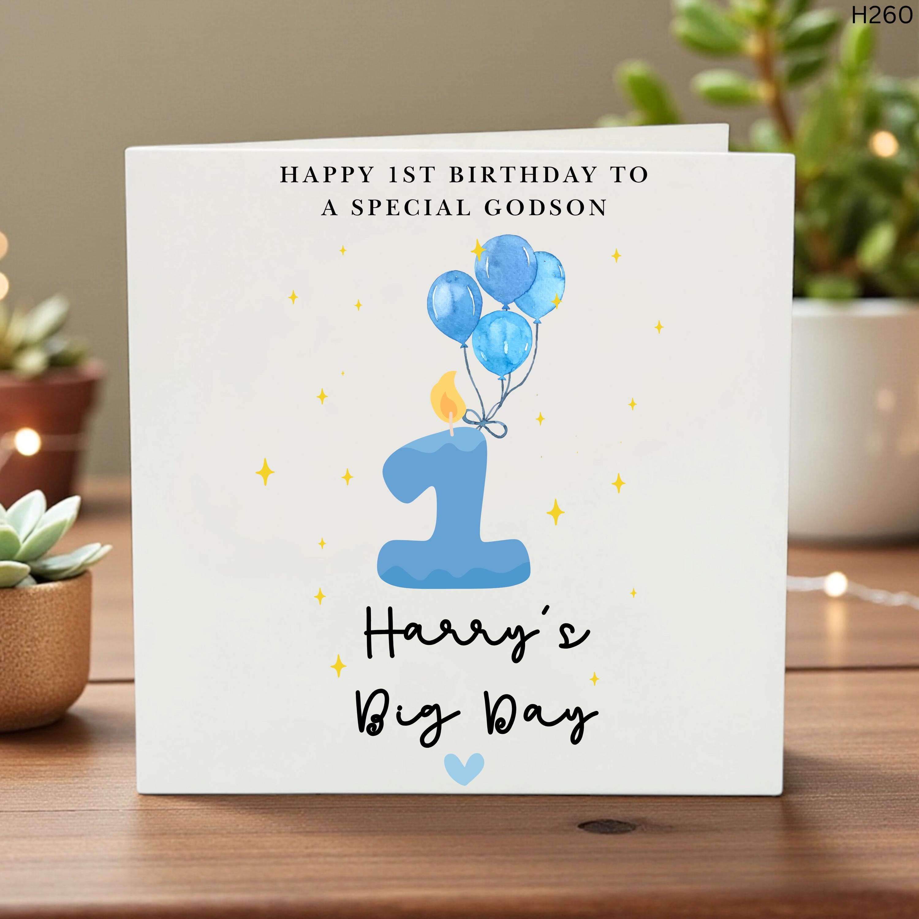 Personalized 1st Birthday Card for Godson, Custom Name Blue Balloon Design, Cute Keepsake Greeting, Toddler Birthday Card