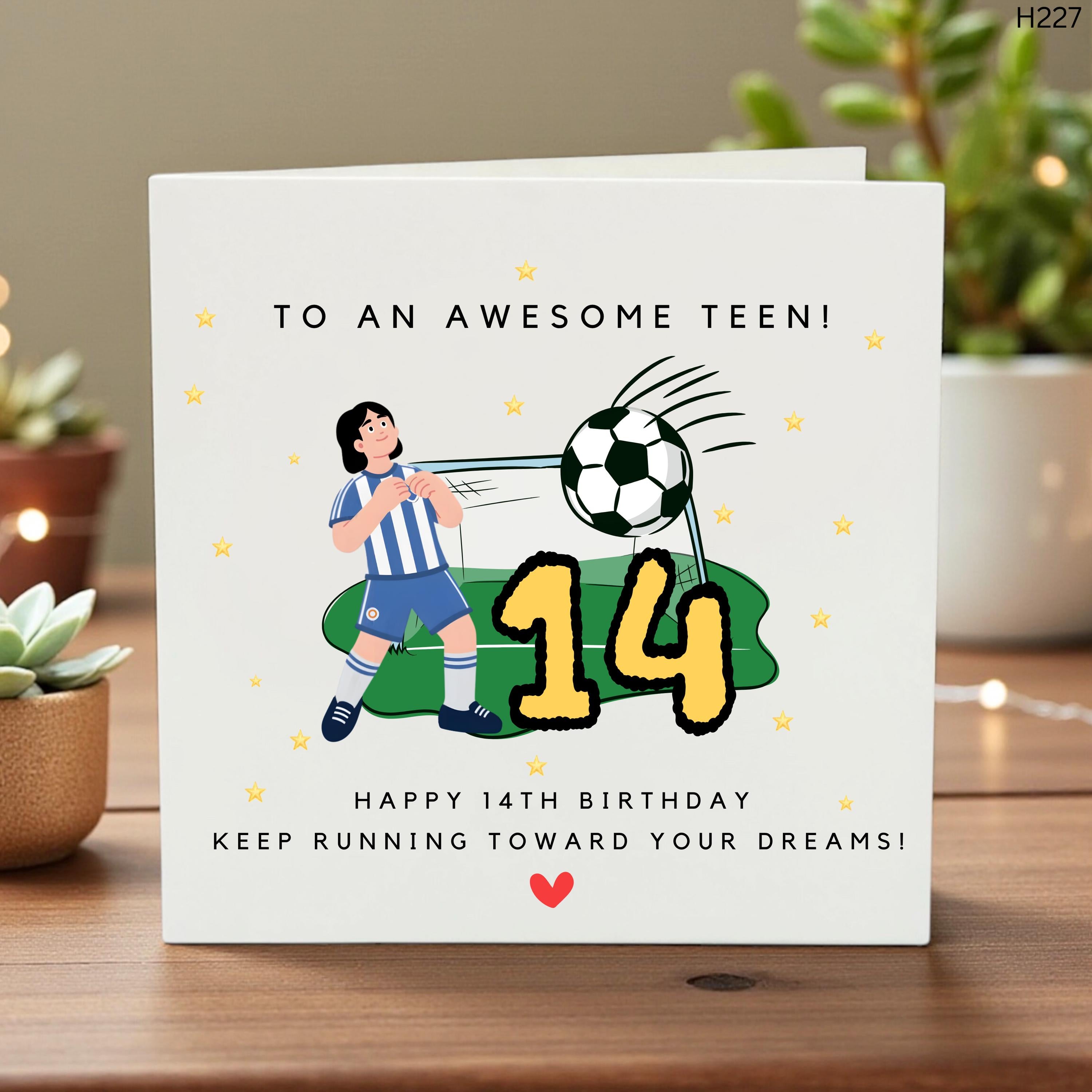Soccer Birthday Card for Teen, 14th Birthday Card, Football Illustration, Keep Running Toward Your Dreams, Sports Gift for Kids