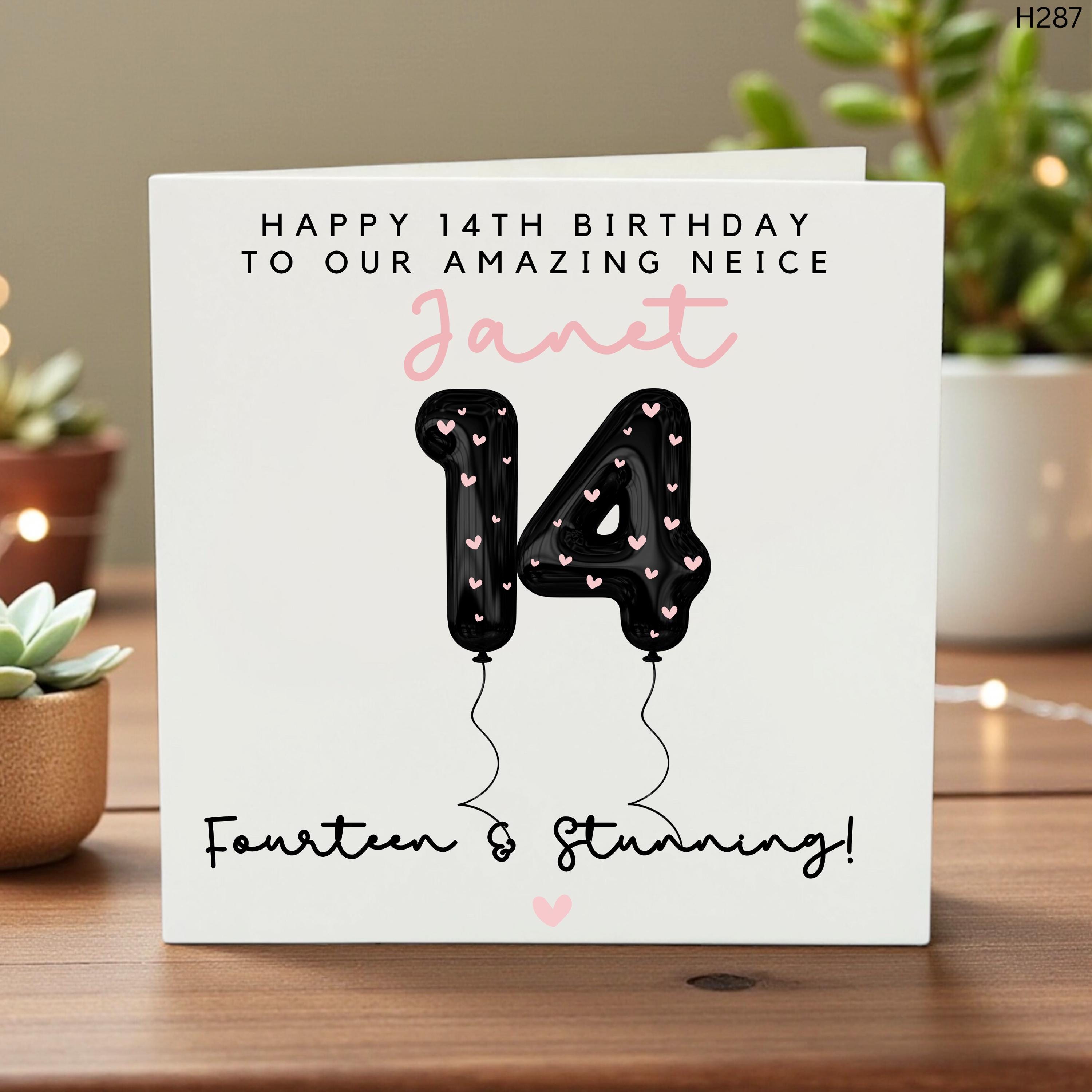 Personalized 14th Birthday Card for Niece, Custom Name Fourteen and Stunning Birthday Card, Pink and Black Balloon Card