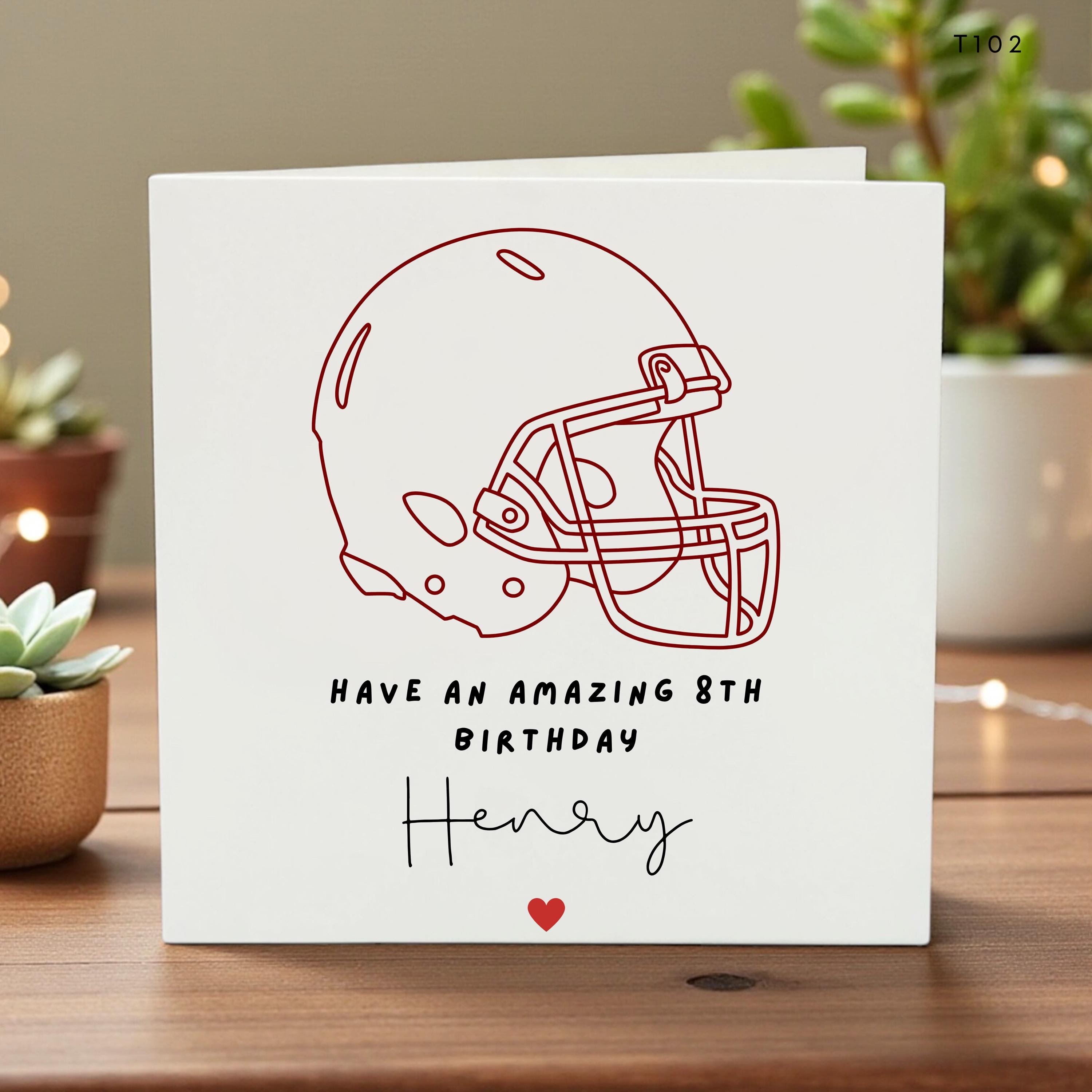 Personalized 8th Birthday Card for Boy - American Football Helmet Greeting Card - Custom Name Sports Theme Birthday Card - Son Grandson Gift