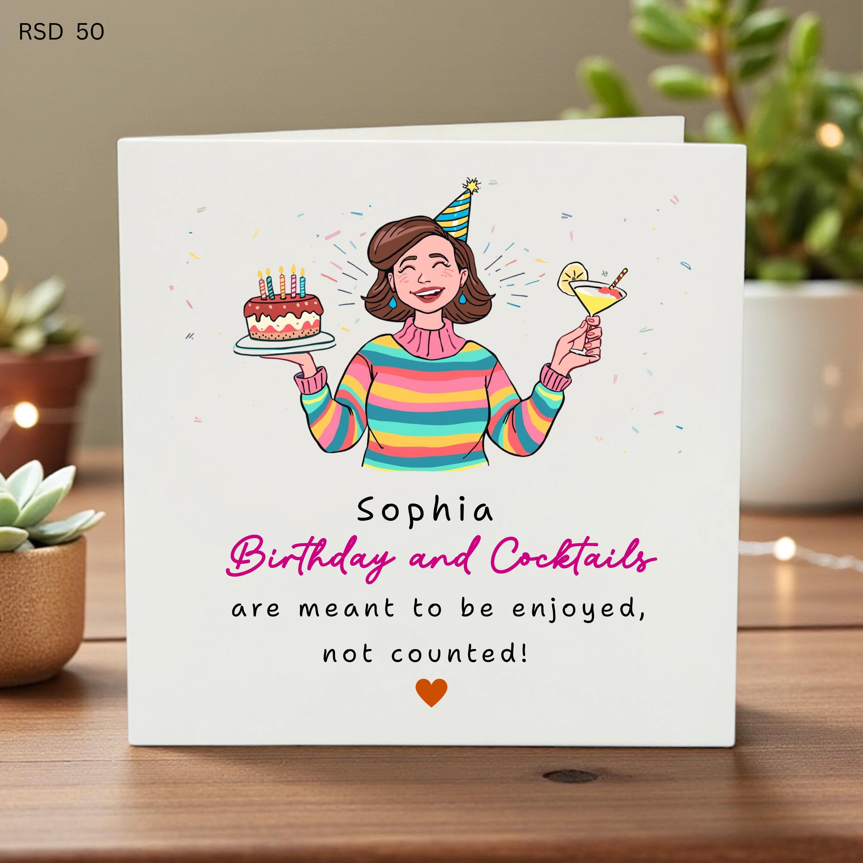 Personalized Birthday and Cocktails Card for Sophia, Funny Custom Birthday Card for Her, Cute Illustration Drinks Greeting Card for Friend