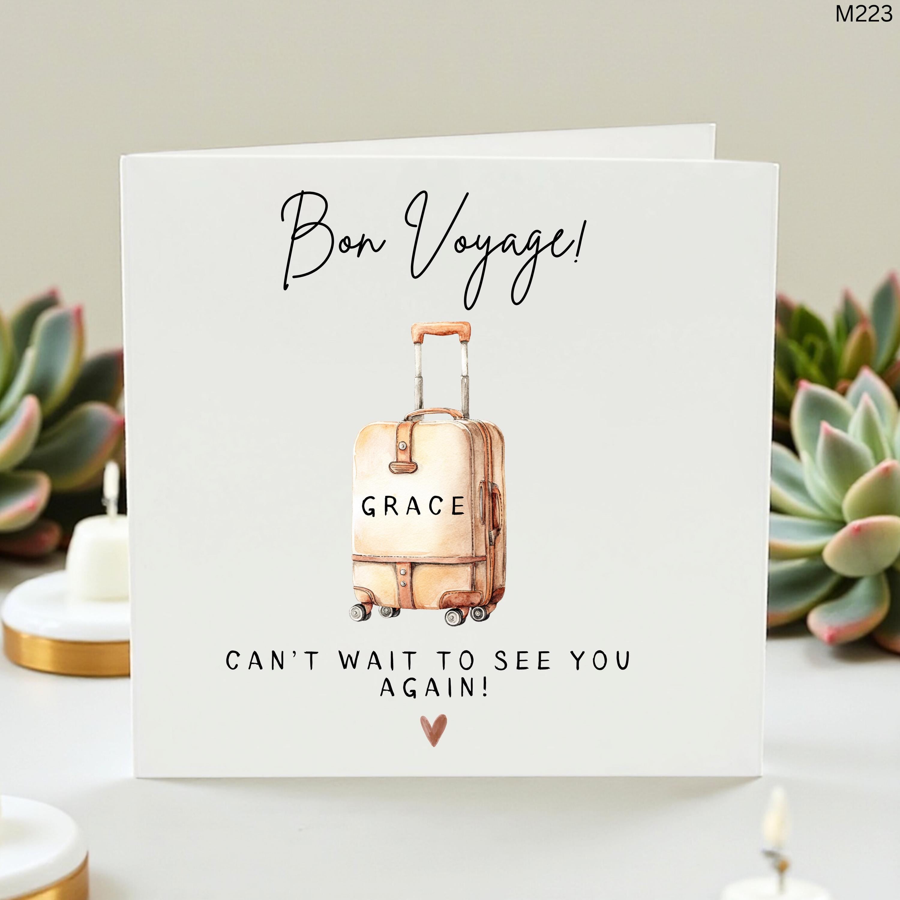 Personalized Bon Voyage Card - Travel Suitcase Greeting Card, Safe Travels Gift for Her, Moving Away Going Abroad Card, Custom Name, Grace