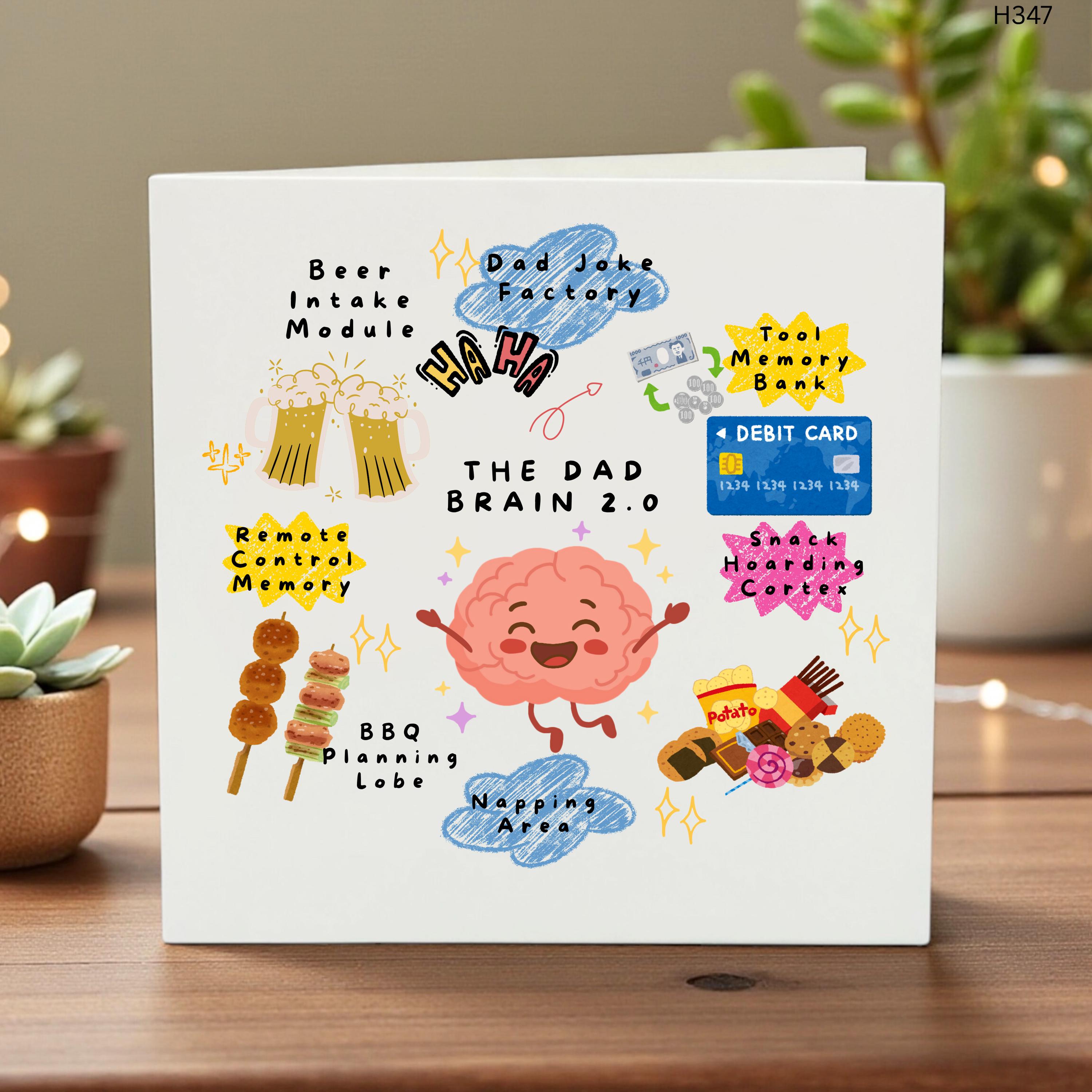 Funny Dad Birthday Card - The Dad Brain 2.0 Diagram Greeting Card for Father's Day, Husband, New Dad - Witty BBQ Beer Lover Gift for Him