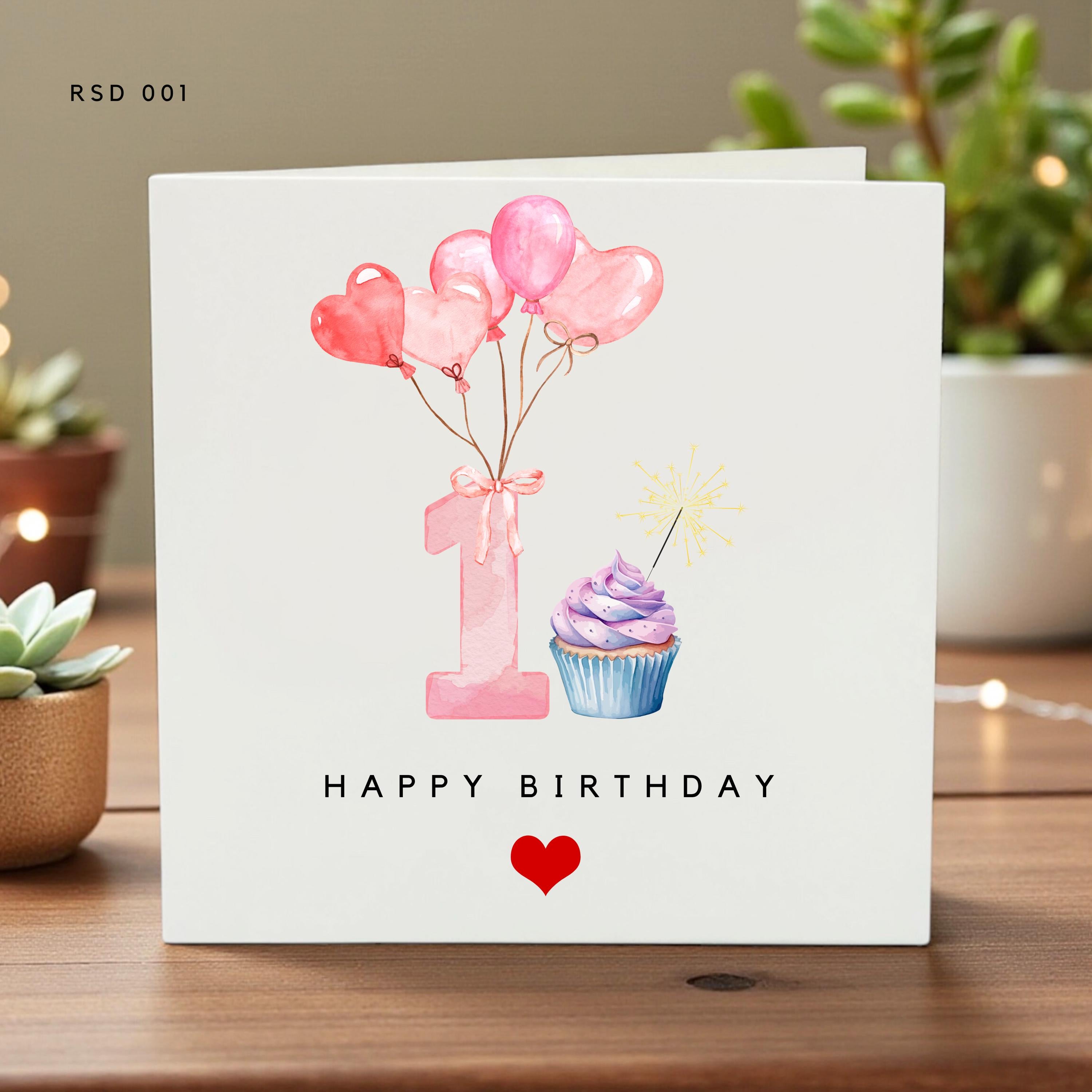 Personalized 1st Birthday Card Cupcake and Balloon Design Custom Name Card Baby Boy or Girl Cute Celebration Greeting Card