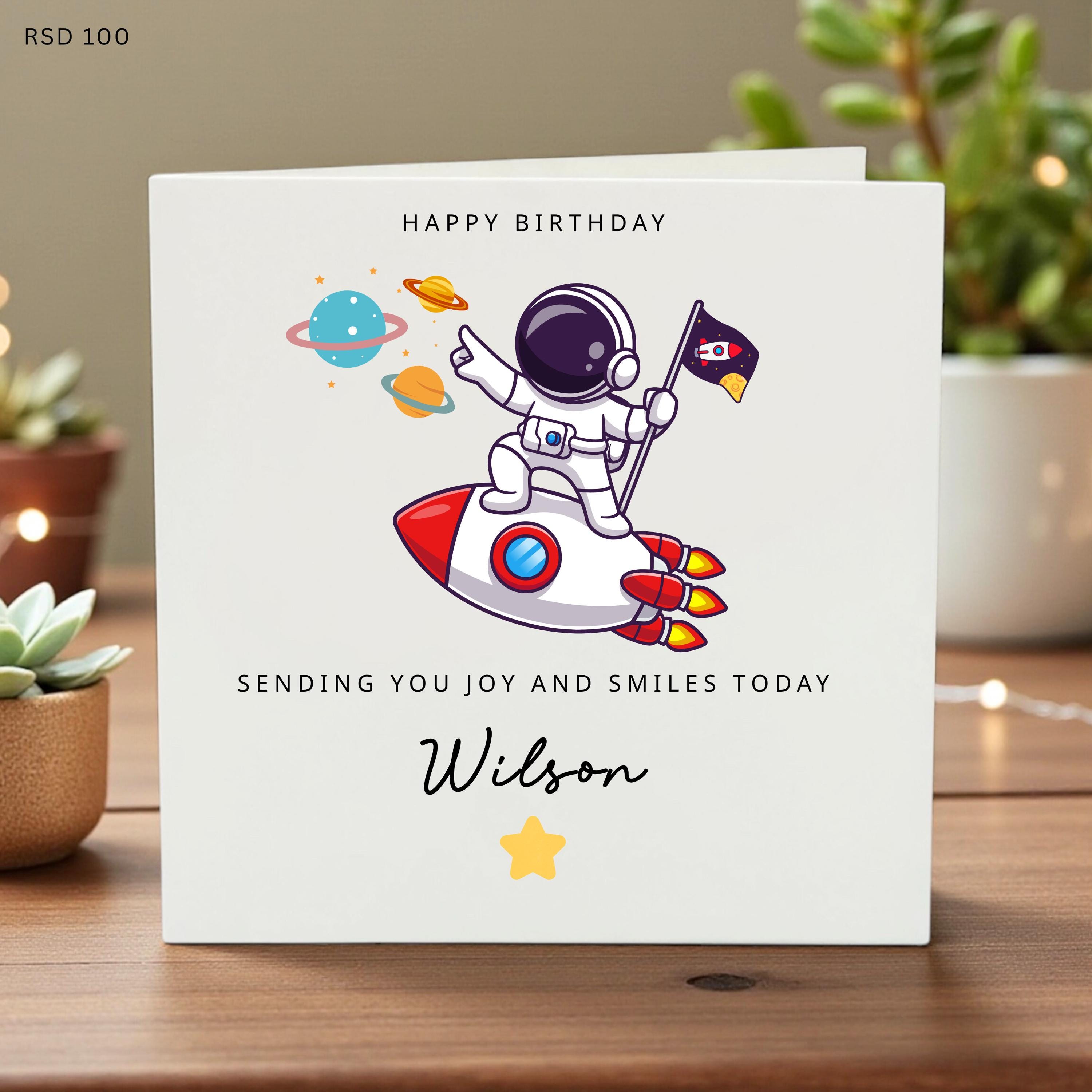Personalized Astronaut Birthday Card Custom Name Space Rocket Kids Birthday Greeting Card Outer Space Theme Fun Keepsake Card