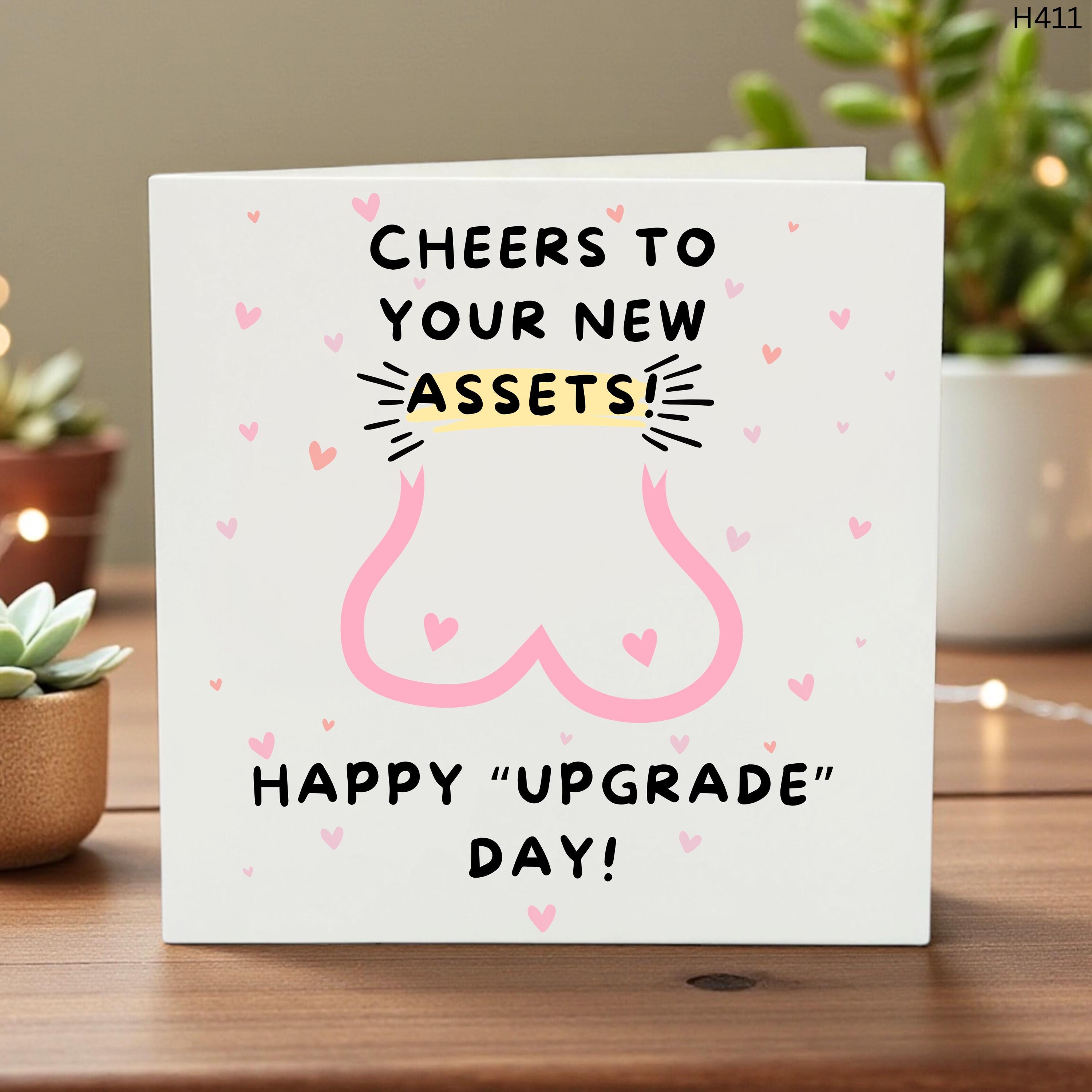 Funny Adult Card, Cheers to Your New Assets, Happy Upgrade Day, Naughty Gag Card, Humorous Milestone Greeting, Custom Name Card