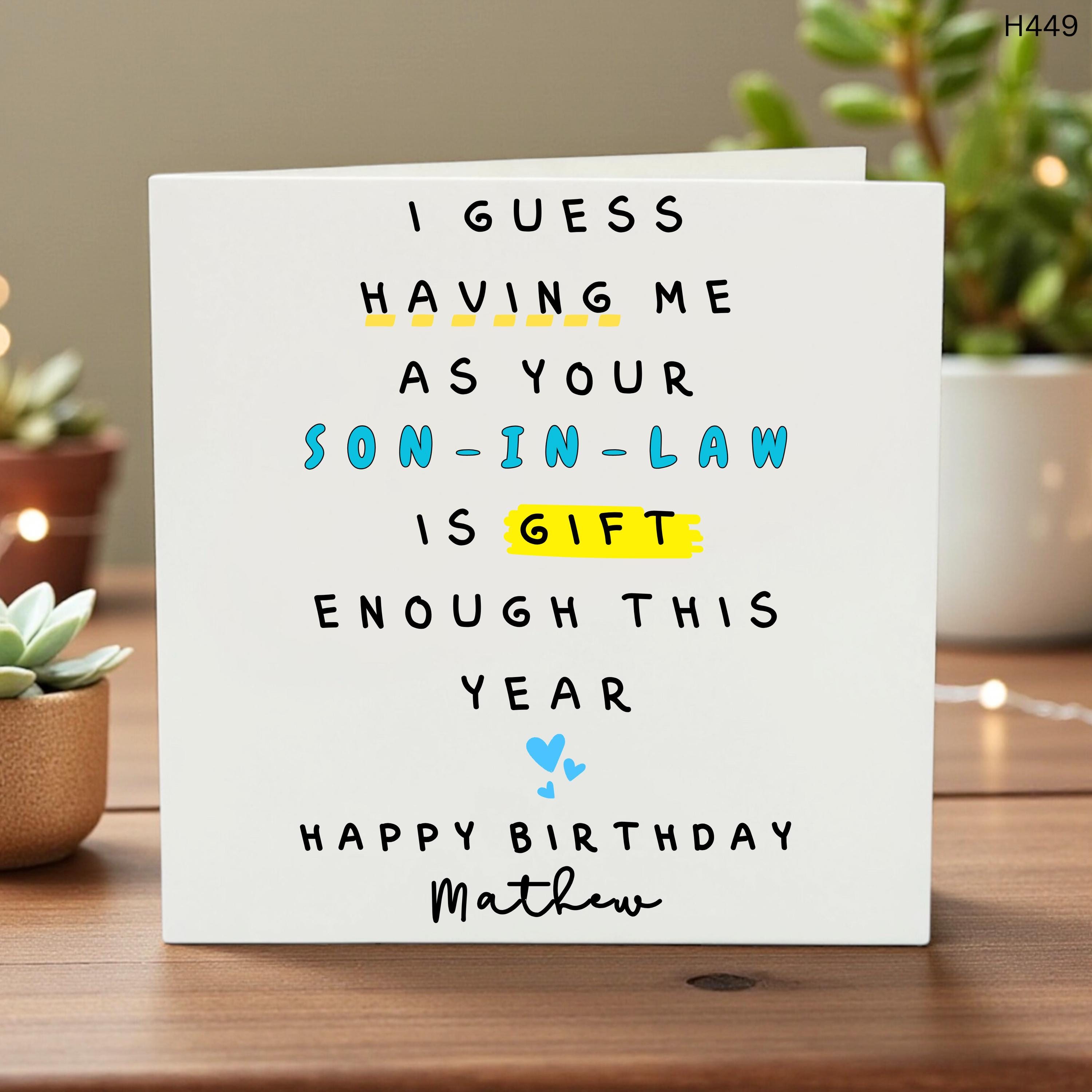 Funny Birthday Card for Son-in-Law, Humorous Gift Card, Personalized Adult Birthday Greeting, Quirky Step-Family Card, Custom Card - Bday
