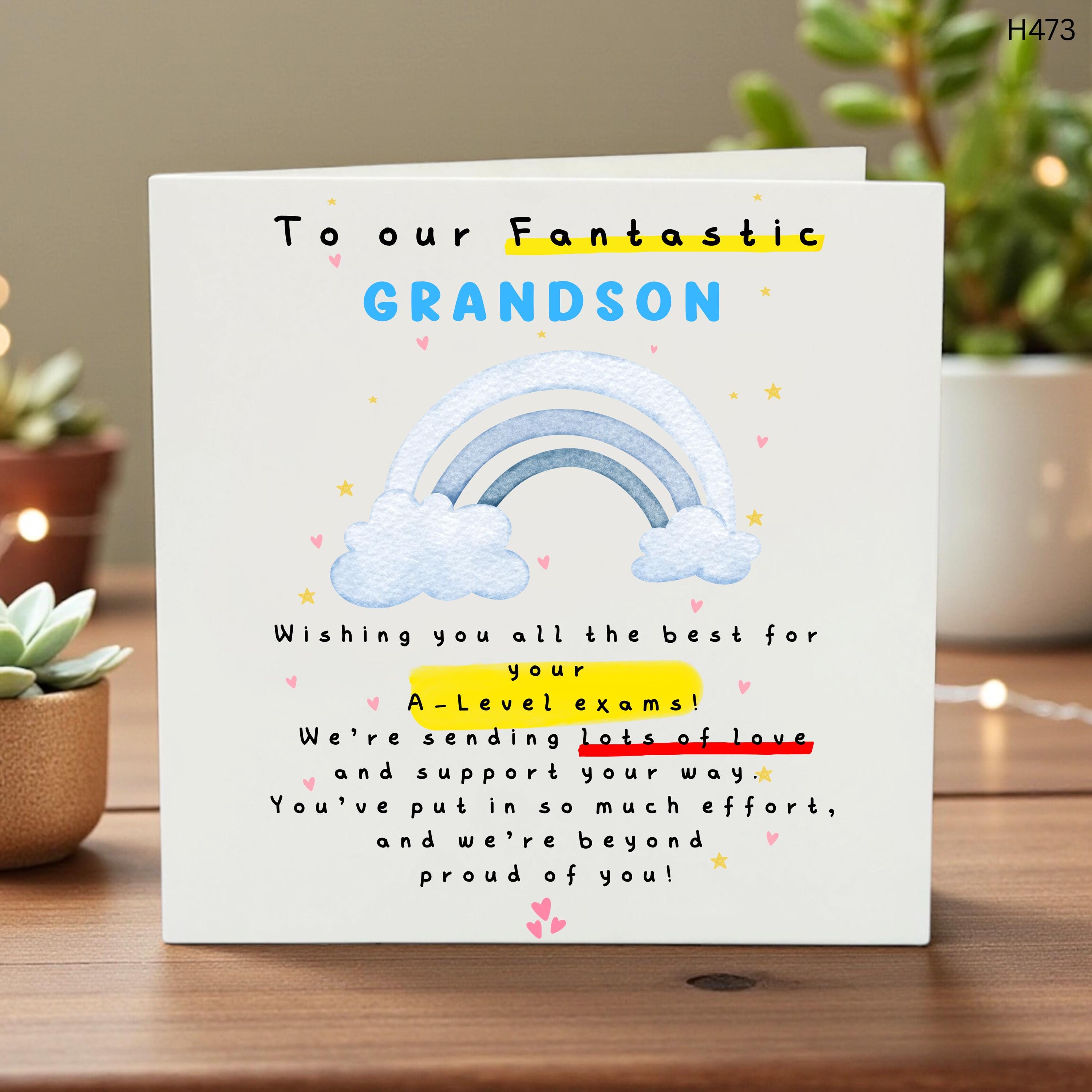 Personalized Grandson A Level Good Luck Card, To Our Fantastic Grandson Exam Card, Custom Name Rainbow Encouragement, Best of Luck