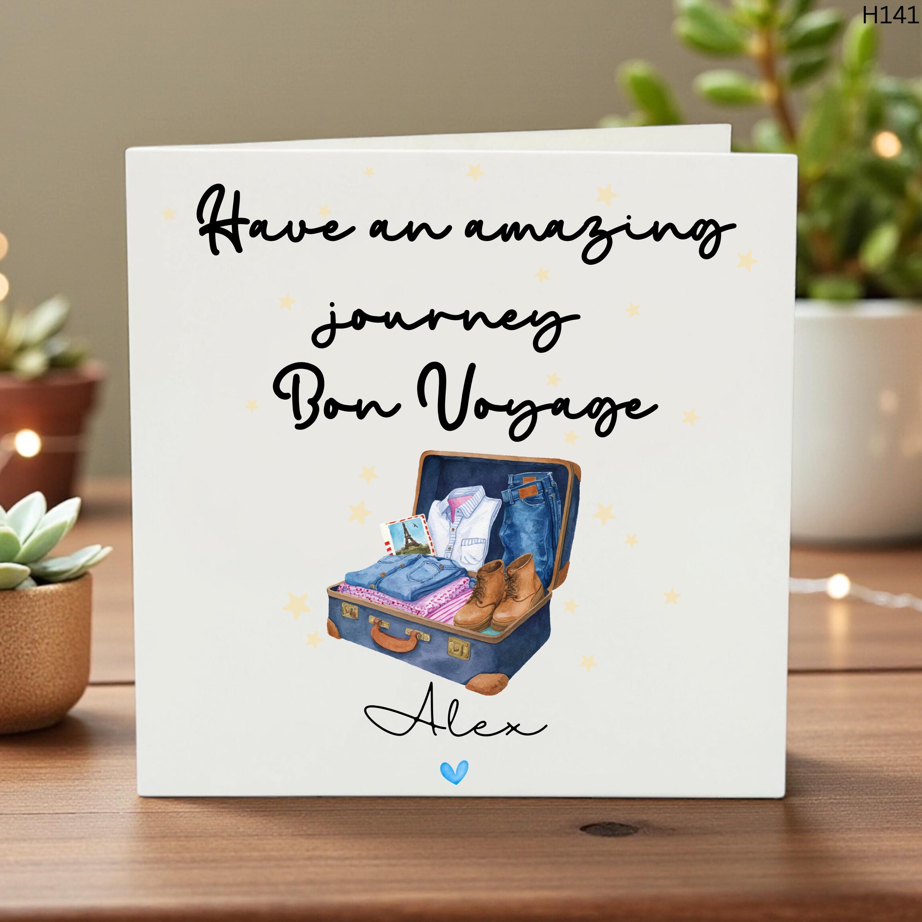 Personalized Bon Voyage Card Custom Name Travel Gift Suitcase Illustration Leaving Card for Friend Moving Abroad Card Gap Year Journey Card