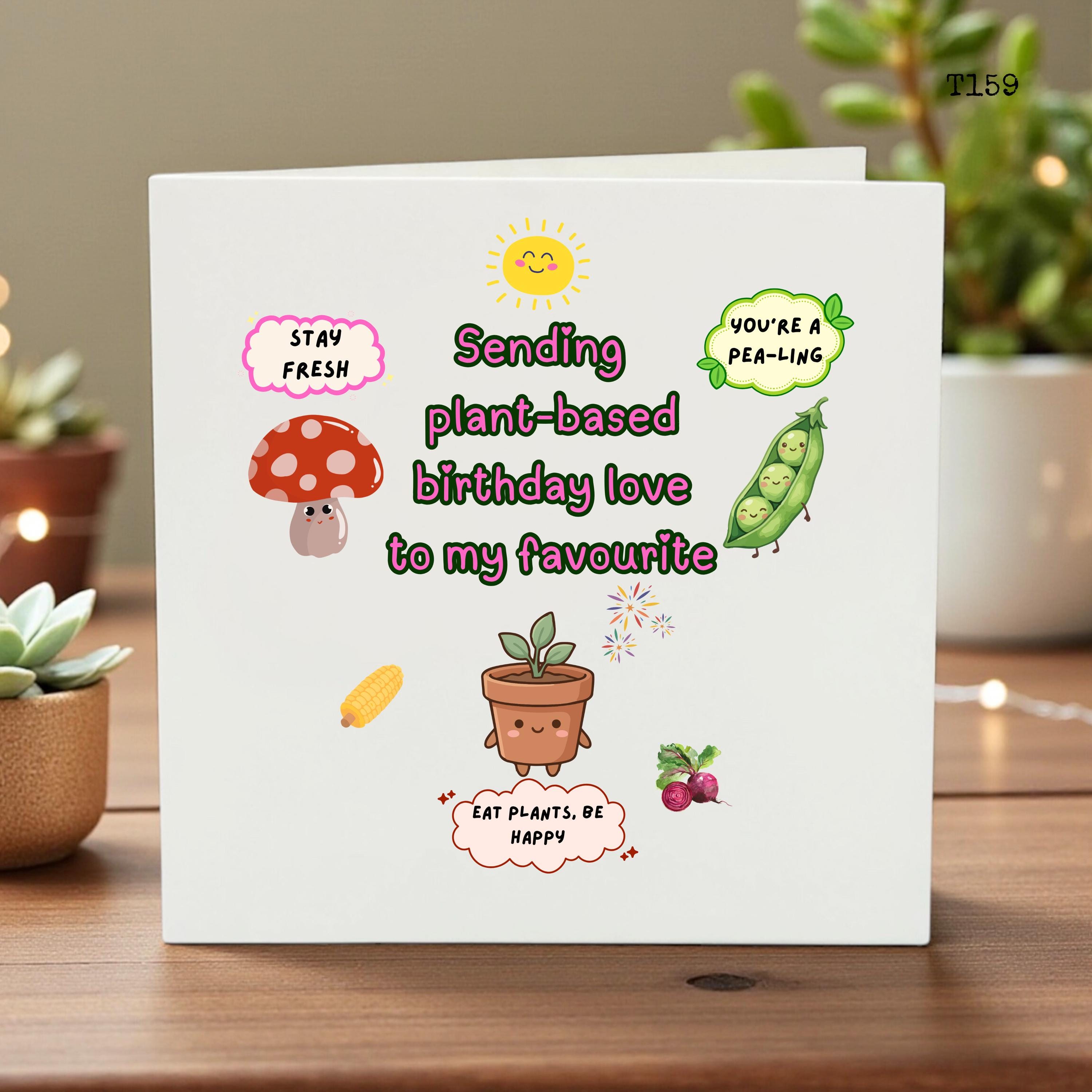 Funny Plant Birthday Card - Vegan Birthday Card for Plant Lover - Cute Veggie Pun Greeting Card - Mushroom & Pea Plant-Based Love Card
