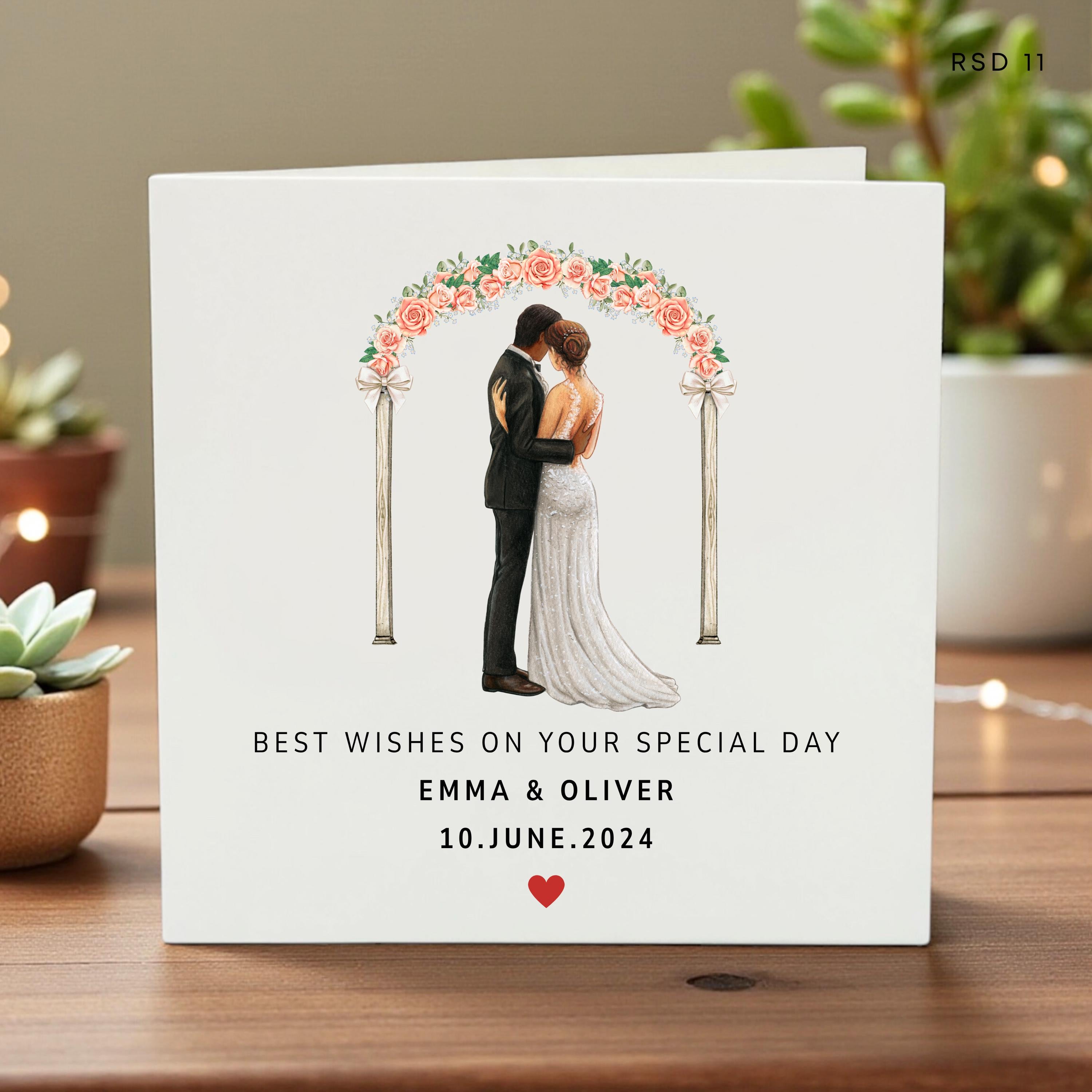 Personalized Wedding Day Card, Custom Bride and Groom under Floral Arch, Wedding Date Keepsake Card for Couple, Best Wishes Special Day Gift