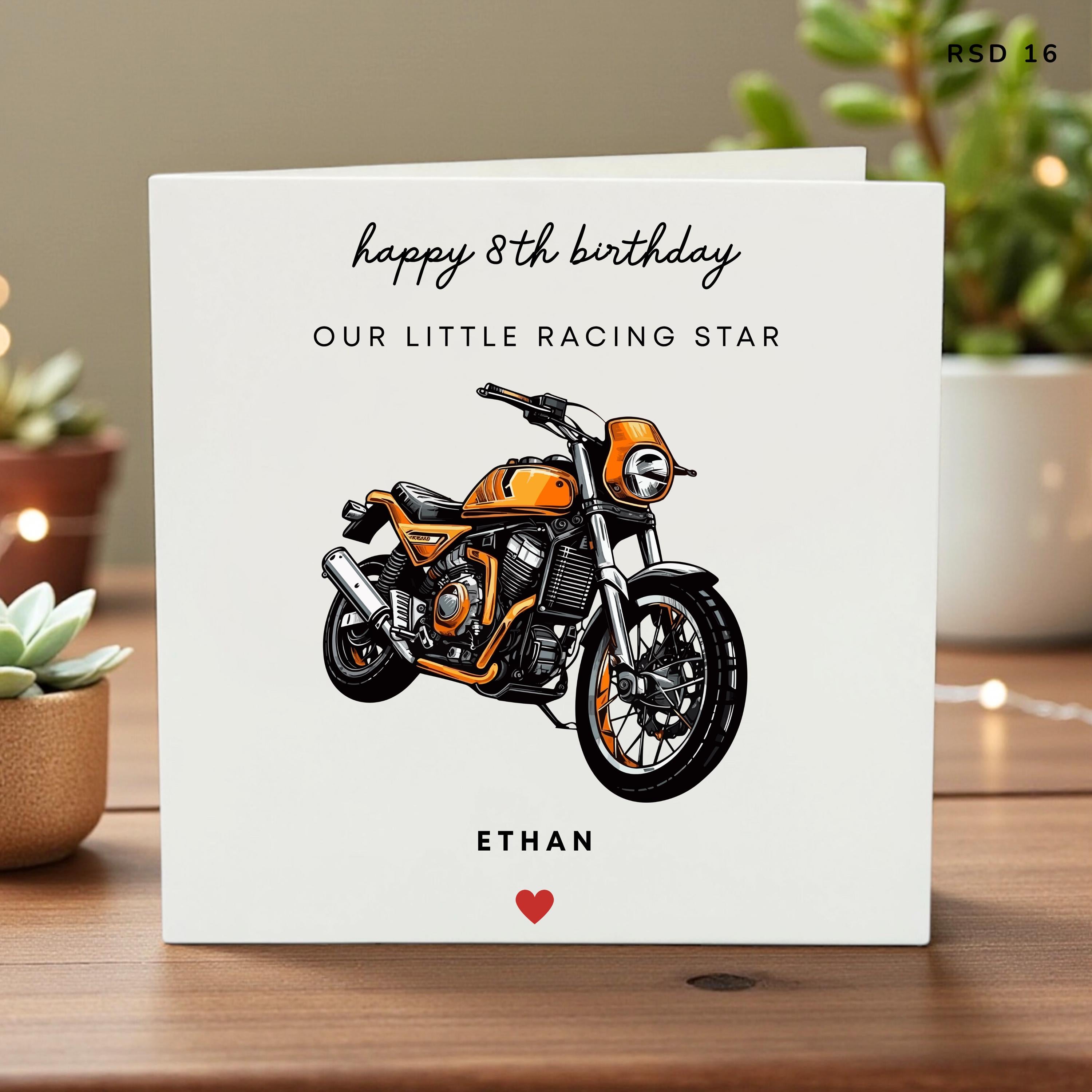 Personalised 8th Birthday Card for Boy, Cool Motorbike or Scrambler Design, Custom Name Son Nephew Age 8 Card, Little Racing Star, RSD 16