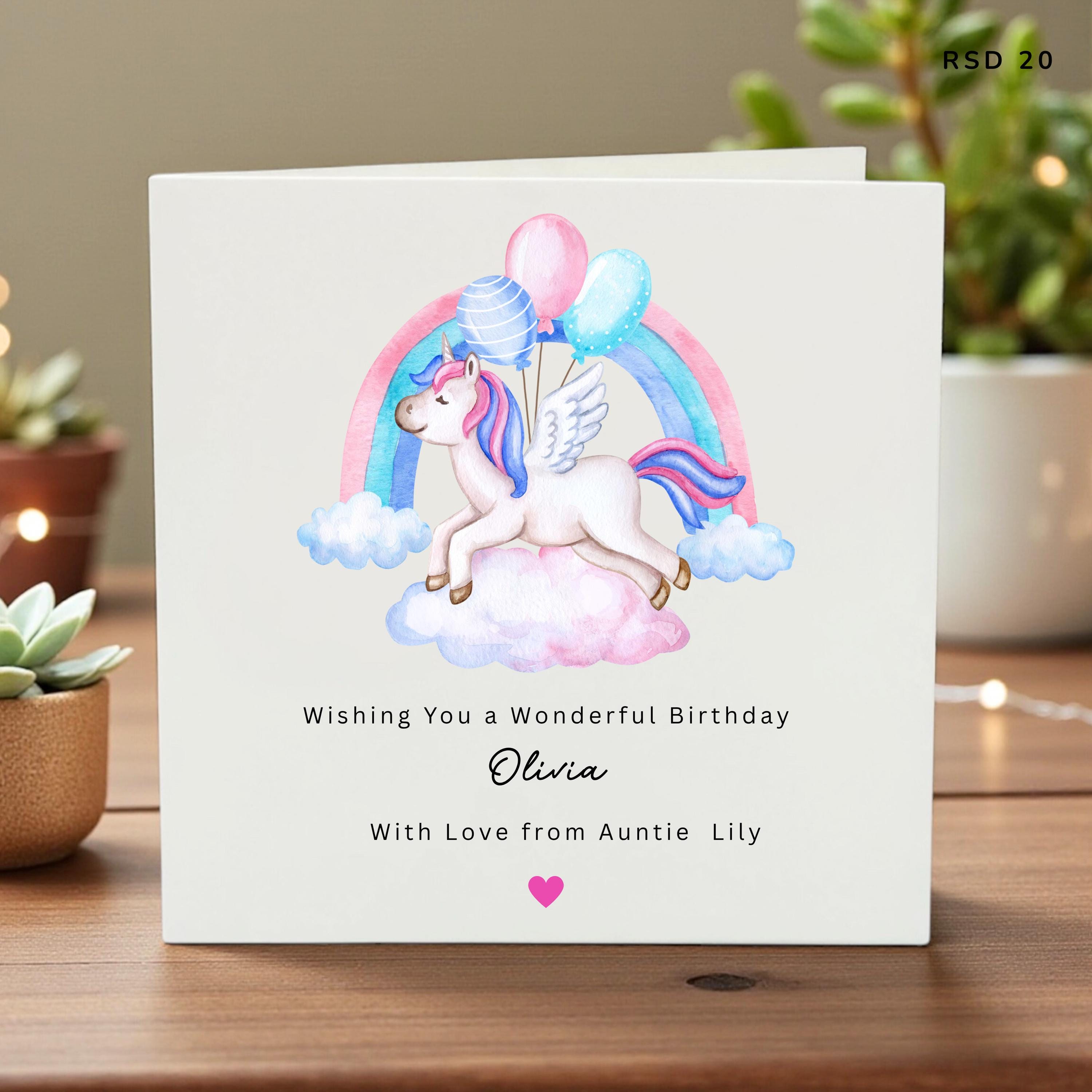 Personalised Unicorn Birthday Card for Girl, Rainbow and Balloons Design, Custom Name Daughter Granddaughter Niece Magical Card, RSD 20
