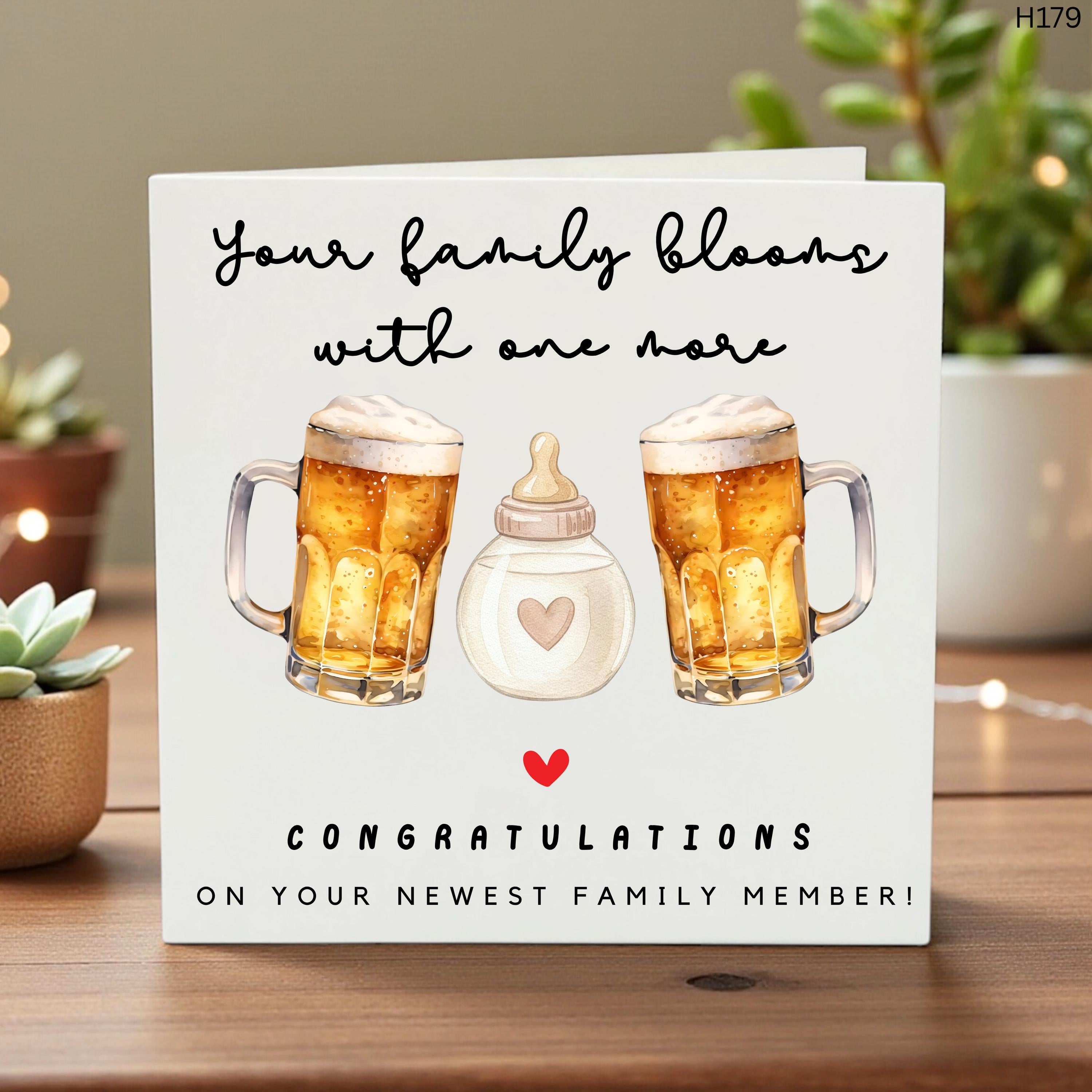 Personalised New Baby Congratulations Card, Funny Family Gift, Beer and Baby Bottle Design, Custom Name, Newborn Keepsake Greeting