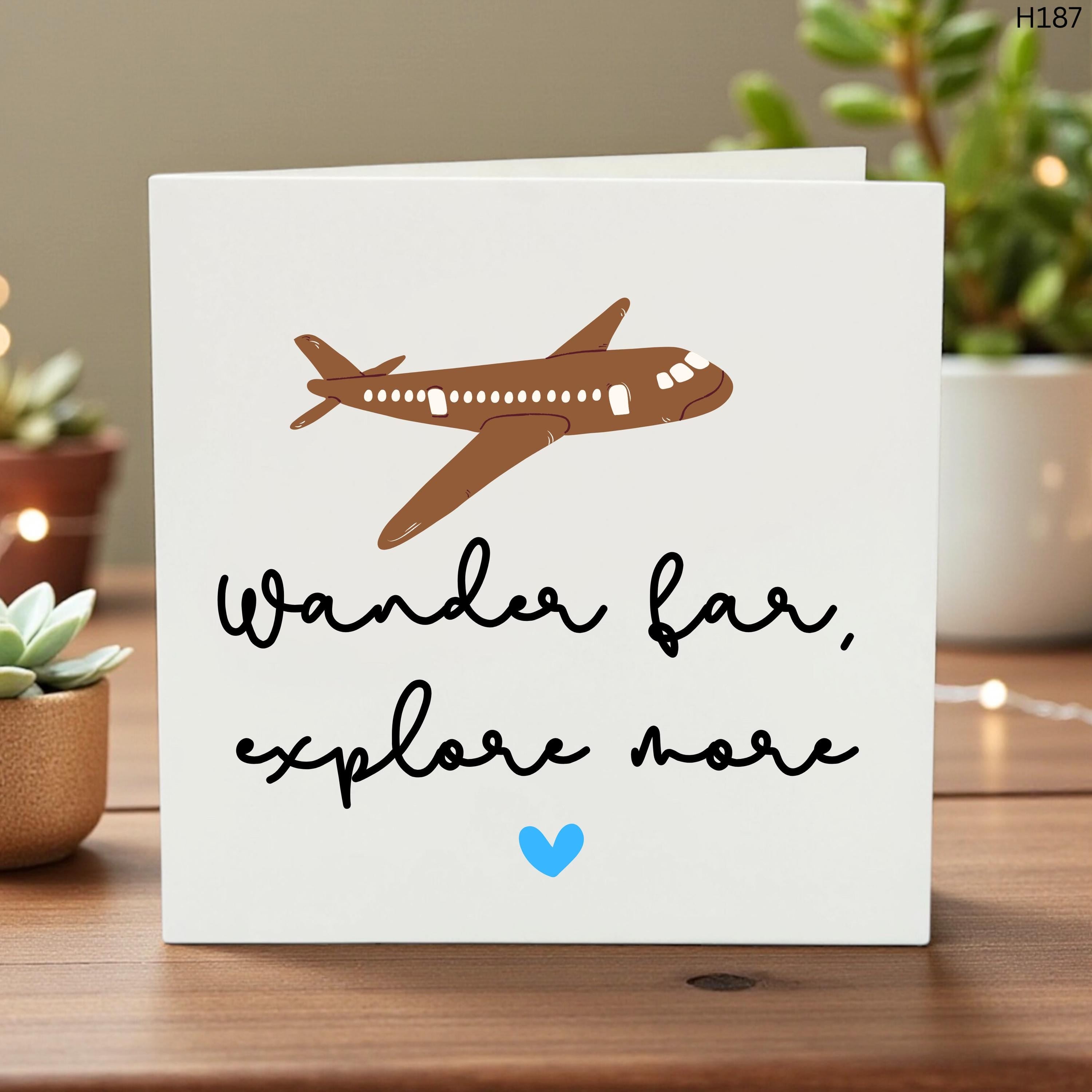 Personalised Travel Card, Wander Far Explore More Design, Custom Name, Adventure Keepsake, Airplane Illustration Greeting Card