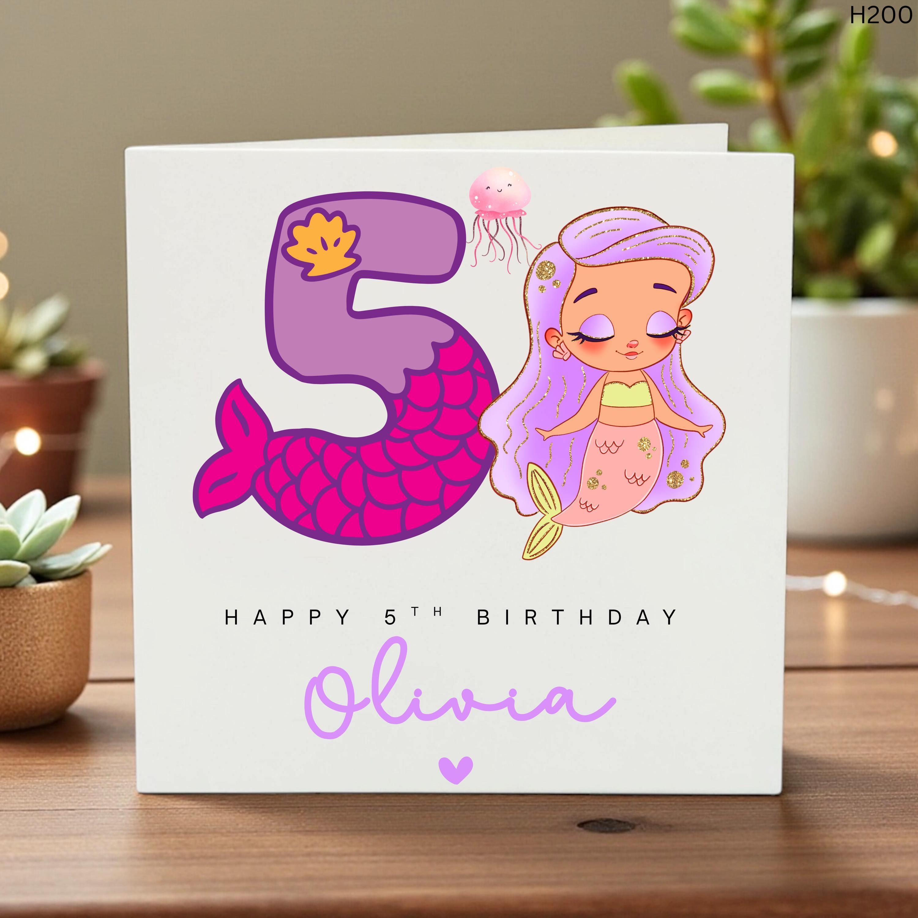 Personalised Mermaid Birthday Card, 5th Birthday Girl Card, Custom Name, Magical Mermaid Party, Kids Birthday Greeting Card